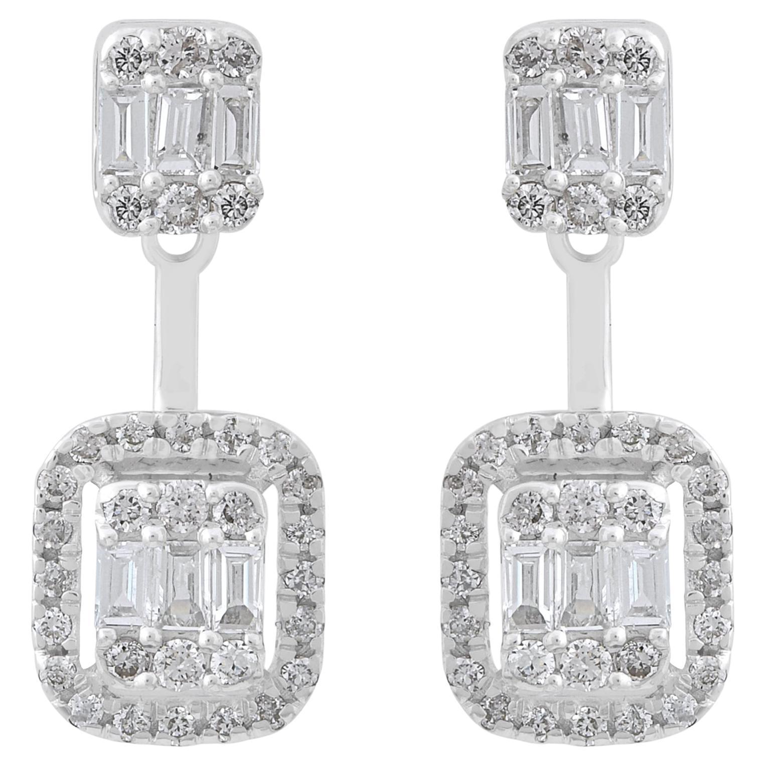 0.62 Carat SI Clarity HI Color Baguette Diamond Jacket Earrings 14k White Gold For Sale