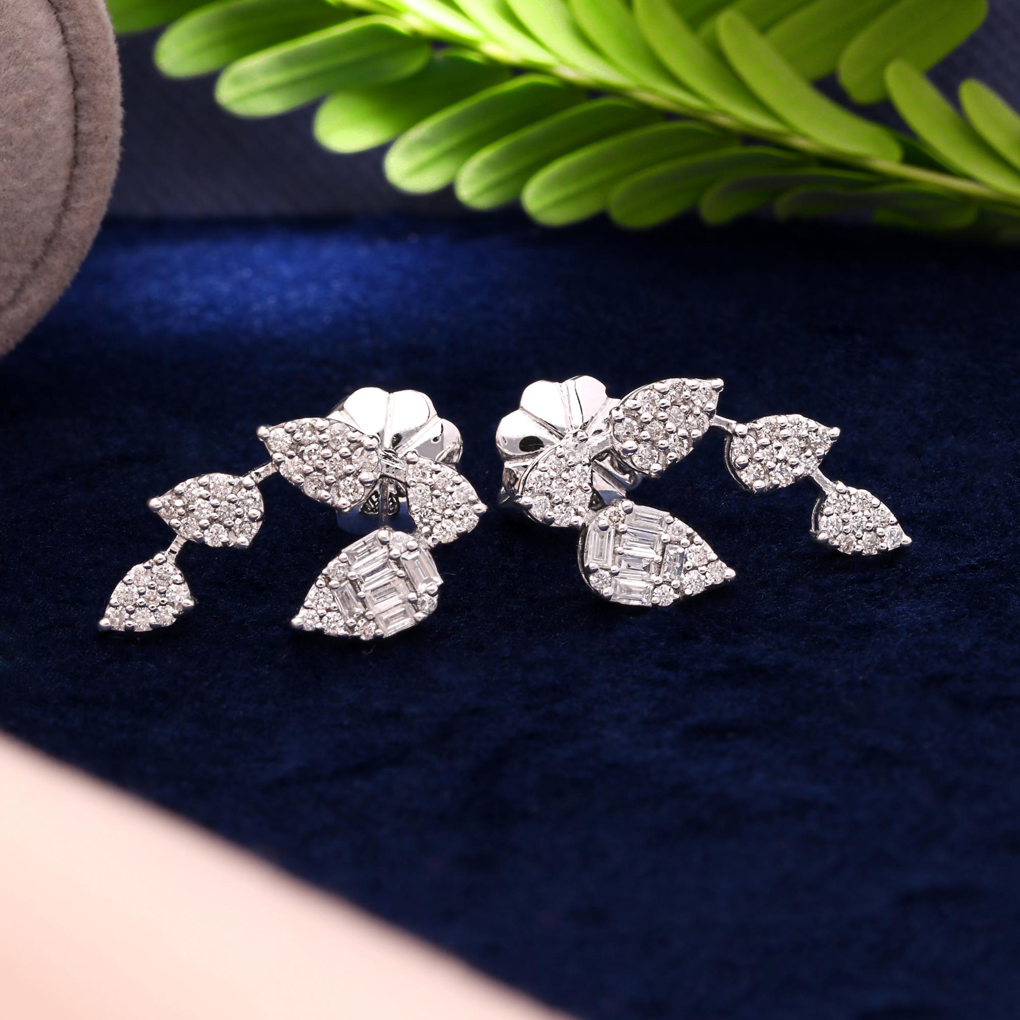 Modern 0.62 Carat SI Clarity HI Color Baguette Diamond Leaf Earrings 14k White Gold For Sale