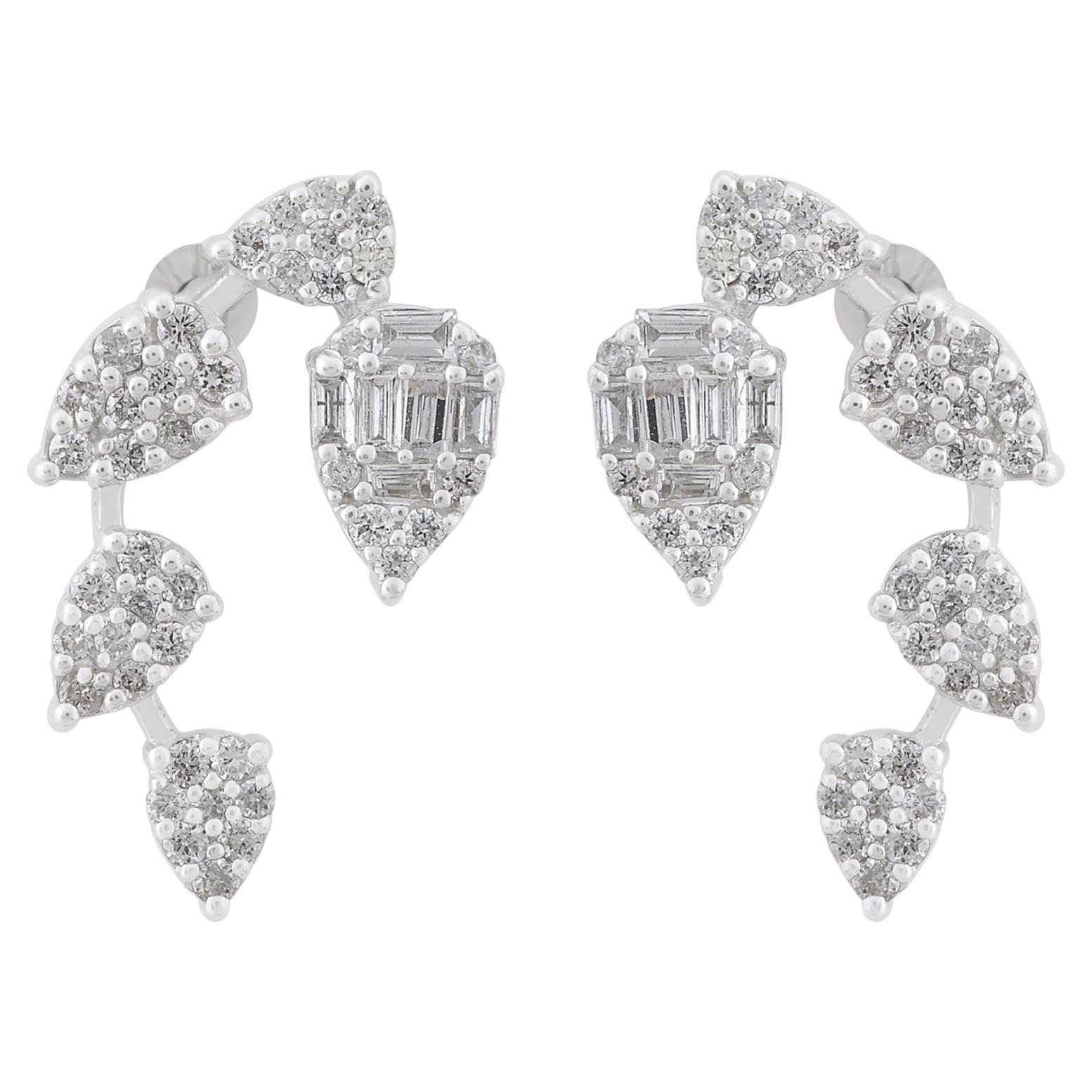 Boucles d'oreilles feuille en diamant baguette de 0,62 carat, pureté SI, couleur HI, or blanc 14k