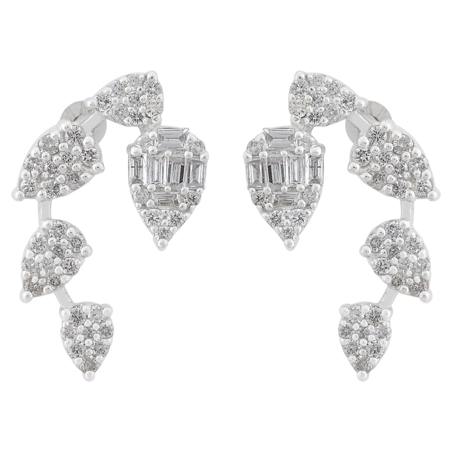 0.62 Carat SI Clarity HI Color Baguette Diamond Leaf Earrings 14k White Gold