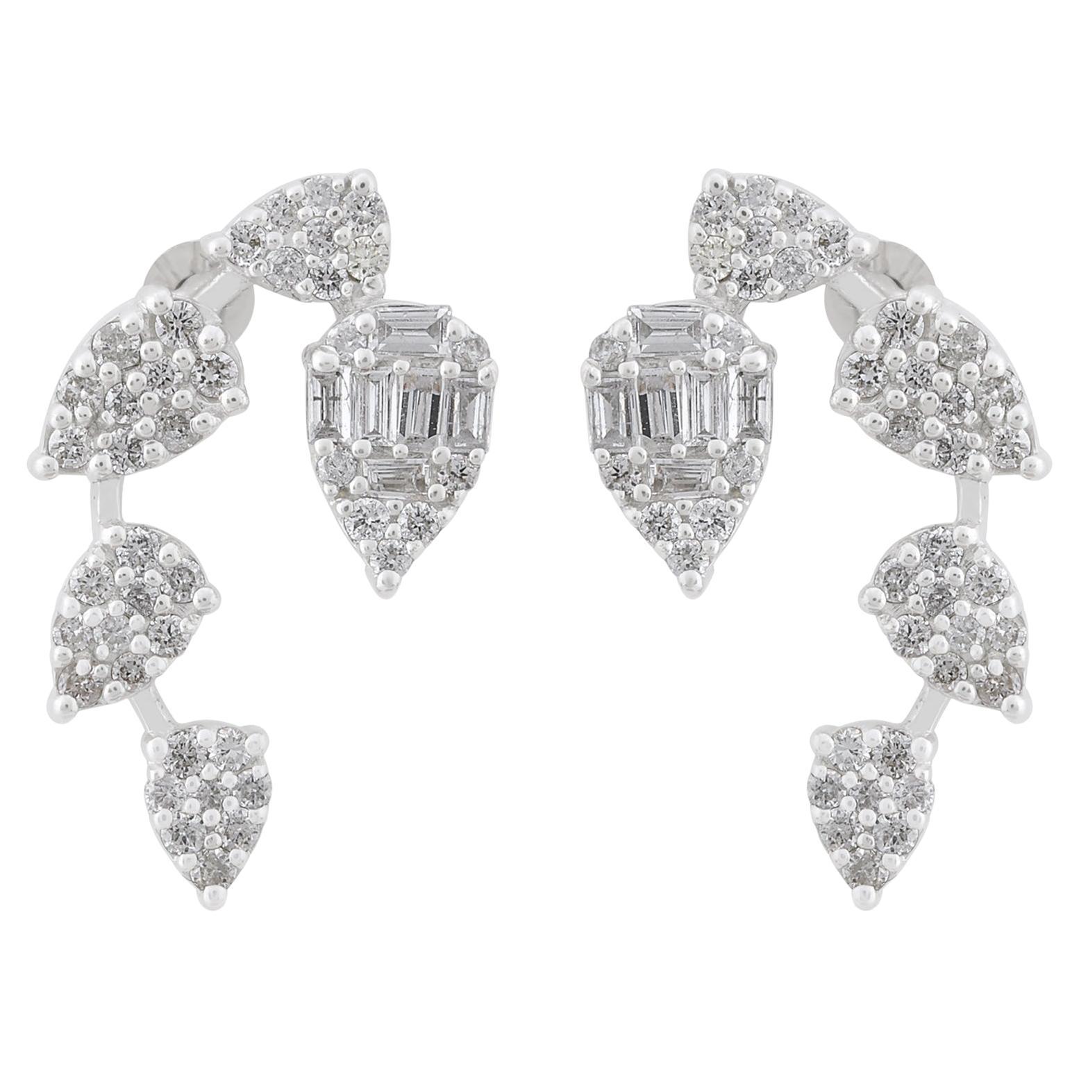 0.62 Carat SI Clarity HI Color Baguette Diamond Leaf Earrings 14k White Gold