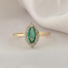 0.62 Ct Zambian Emerald Gemstone Cocktail Ring 0.11 Ct Diamond 14K Yellow Gold