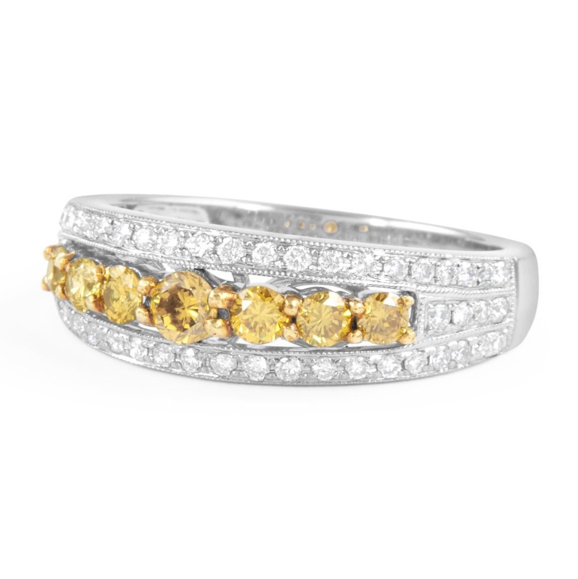 Contemporary 0.62ct Fancy Yellow Diamond Cocktail Ring 18k Two Tone For Sale