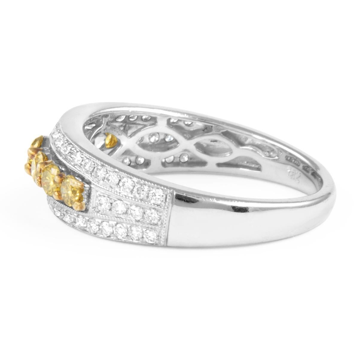 Round Cut 0.62ct Fancy Yellow Diamond Cocktail Ring 18k Two Tone For Sale