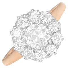 Bague grappe de diamants taille européenne ancienne 0,62 carat, platine et or jaune 18 carats