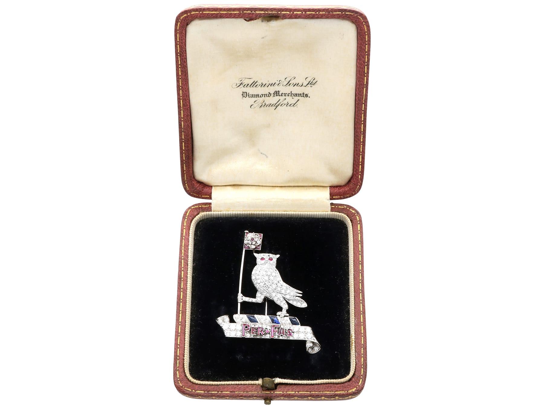 0.62Ct Ruby, 0.50Ct Sapphire and 3.15Ct Diamond, Platinum Owl Brooch Circa 1940 For Sale 8