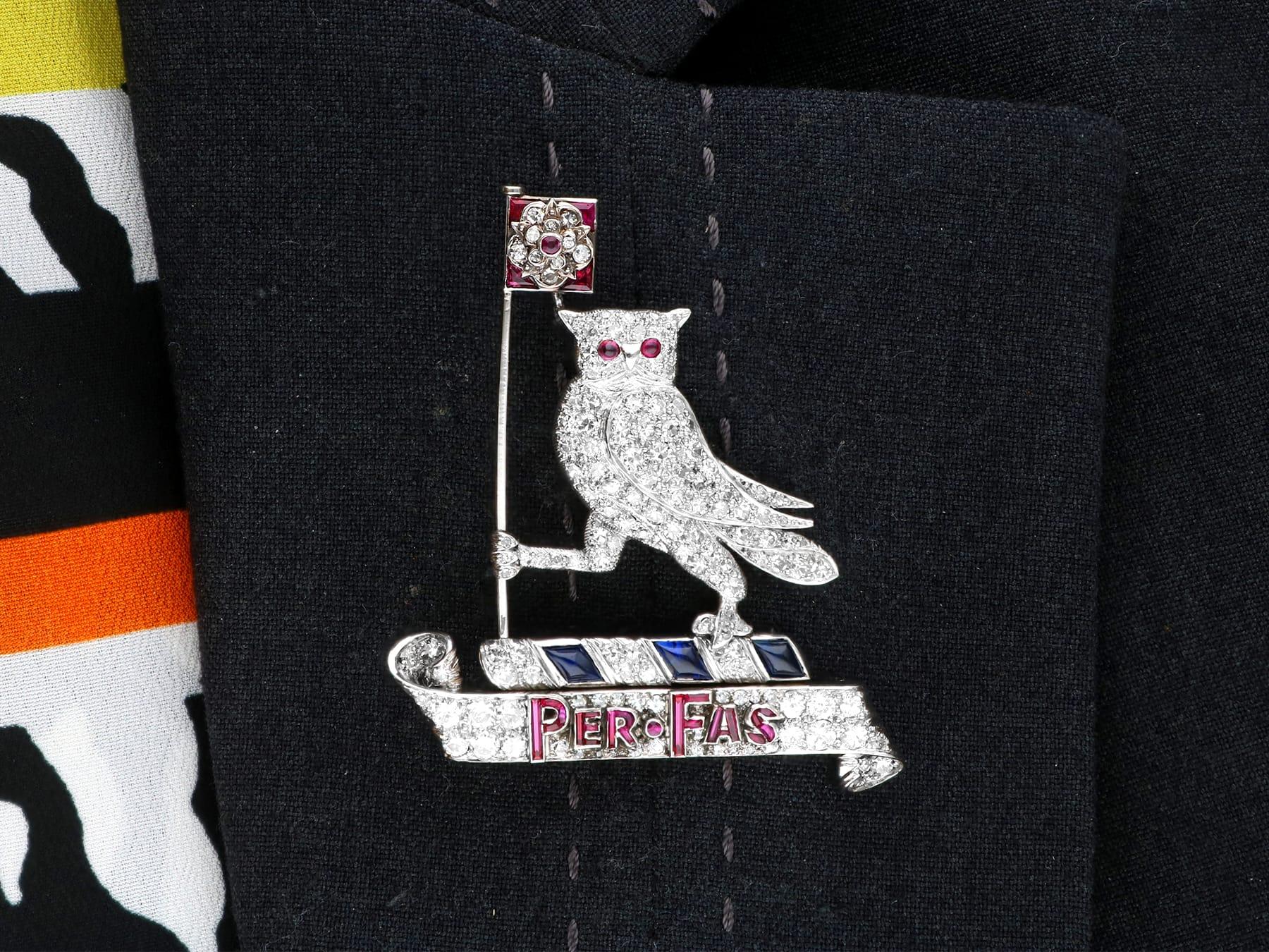 0.62Ct Ruby, 0.50Ct Sapphire and 3.15Ct Diamond, Platinum Owl Brooch Circa 1940 For Sale 9