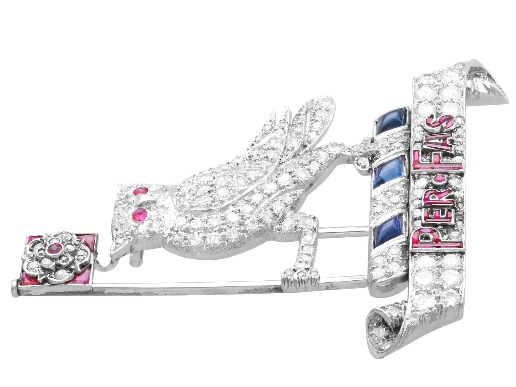 Women's or Men's 0.62Ct Ruby, 0.50Ct Sapphire and 3.15Ct Diamond, Platinum Owl Brooch Circa 1940 For Sale