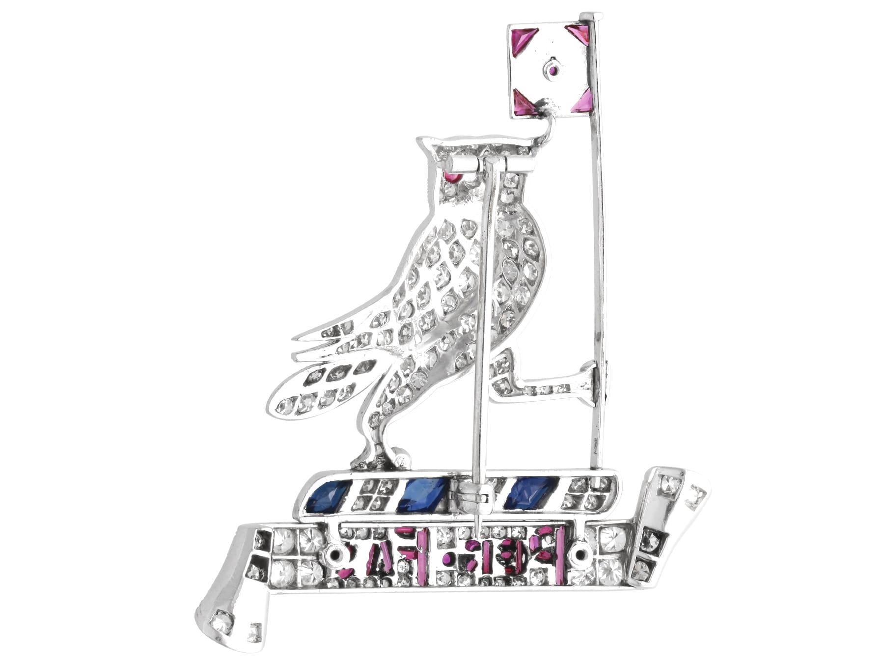 0.62Ct Ruby, 0.50Ct Sapphire and 3.15Ct Diamond, Platinum Owl Brooch Circa 1940 For Sale 2