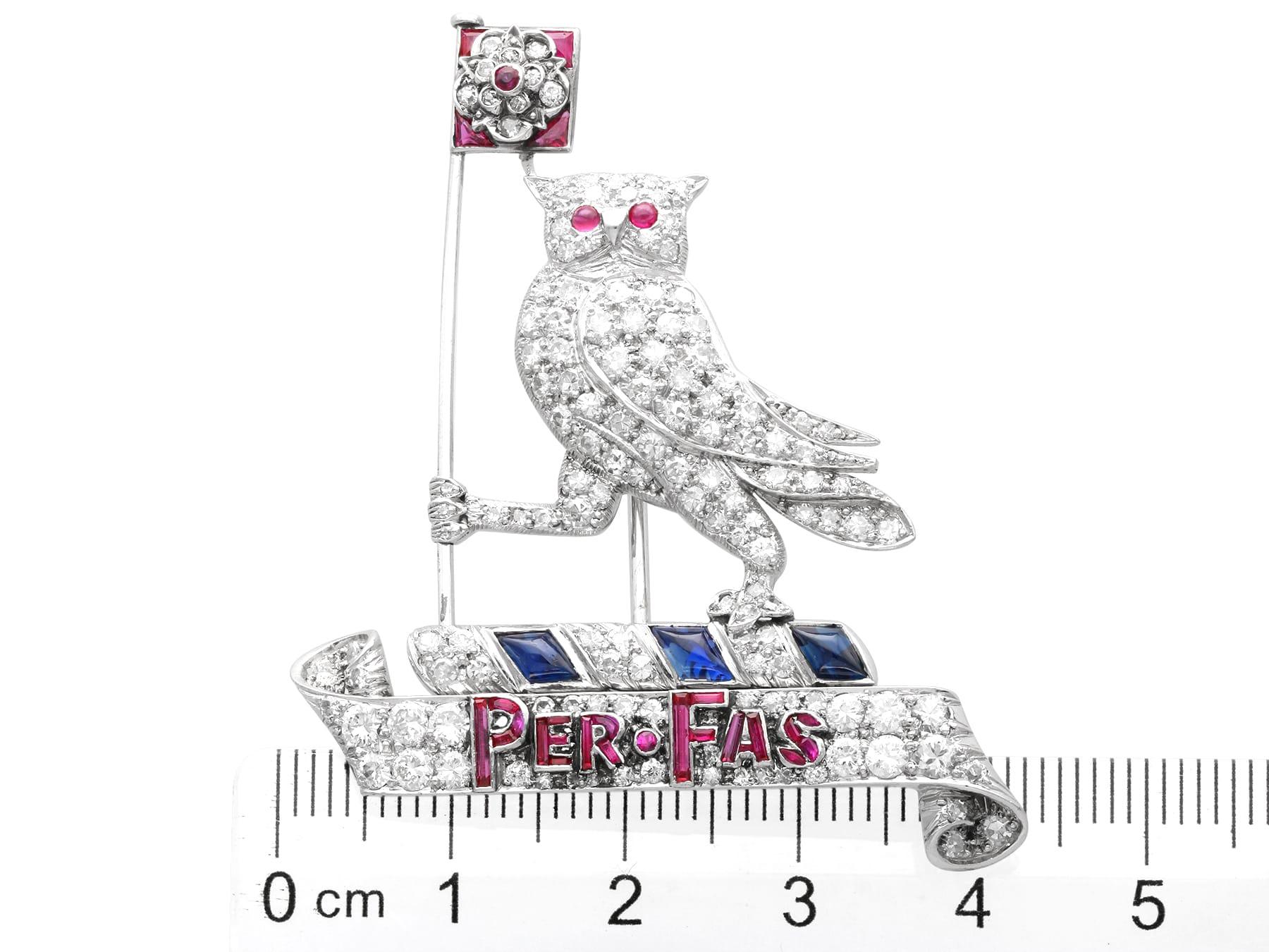 0.62Ct Ruby, 0.50Ct Sapphire and 3.15Ct Diamond, Platinum Owl Brooch Circa 1940 For Sale 4