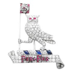 0.62Ct Ruby, 0.50Ct Sapphire and 3.15Ct Diamond, Platinum Owl Brooch Circa 1940