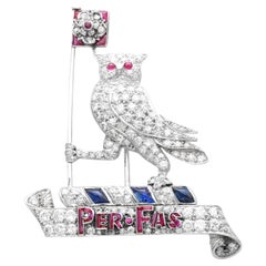 0.62Ct Ruby, 0.50Ct Sapphire and 3.15Ct Diamond, Platinum Owl Brooch Circa 1940