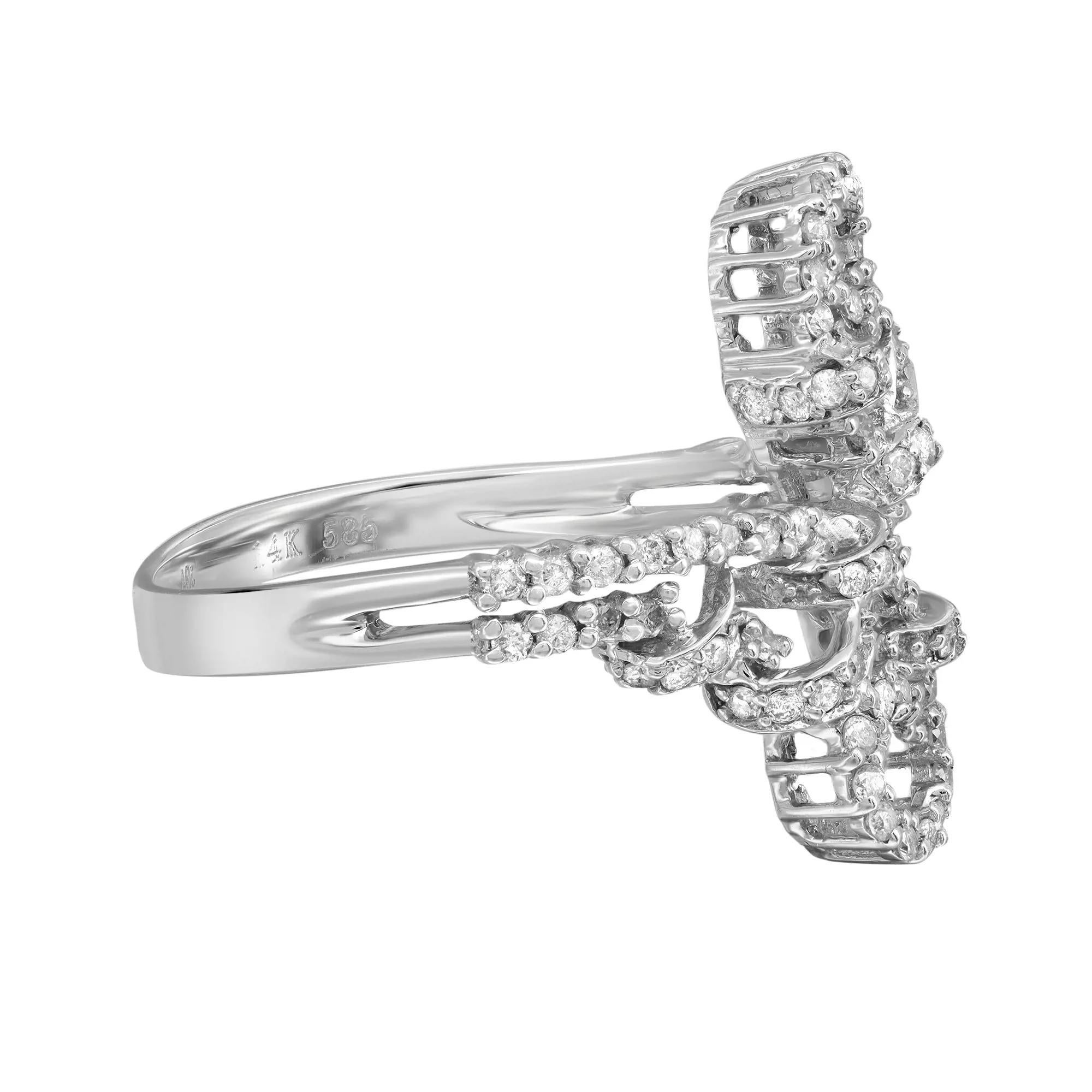 Speak of the bold and beautiful diamond ring design. This ring features prong set fine round brilliant cut diamonds crafted in high polished 14K white gold. Total diamond weight: 0.62 carat with the color I and SI-I clarity. Ring size: 7.5. Total
