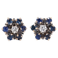 0.62ctw Diamond Sapphire Cluster Earrings, 14K White Gold, Length 1/4 Inch