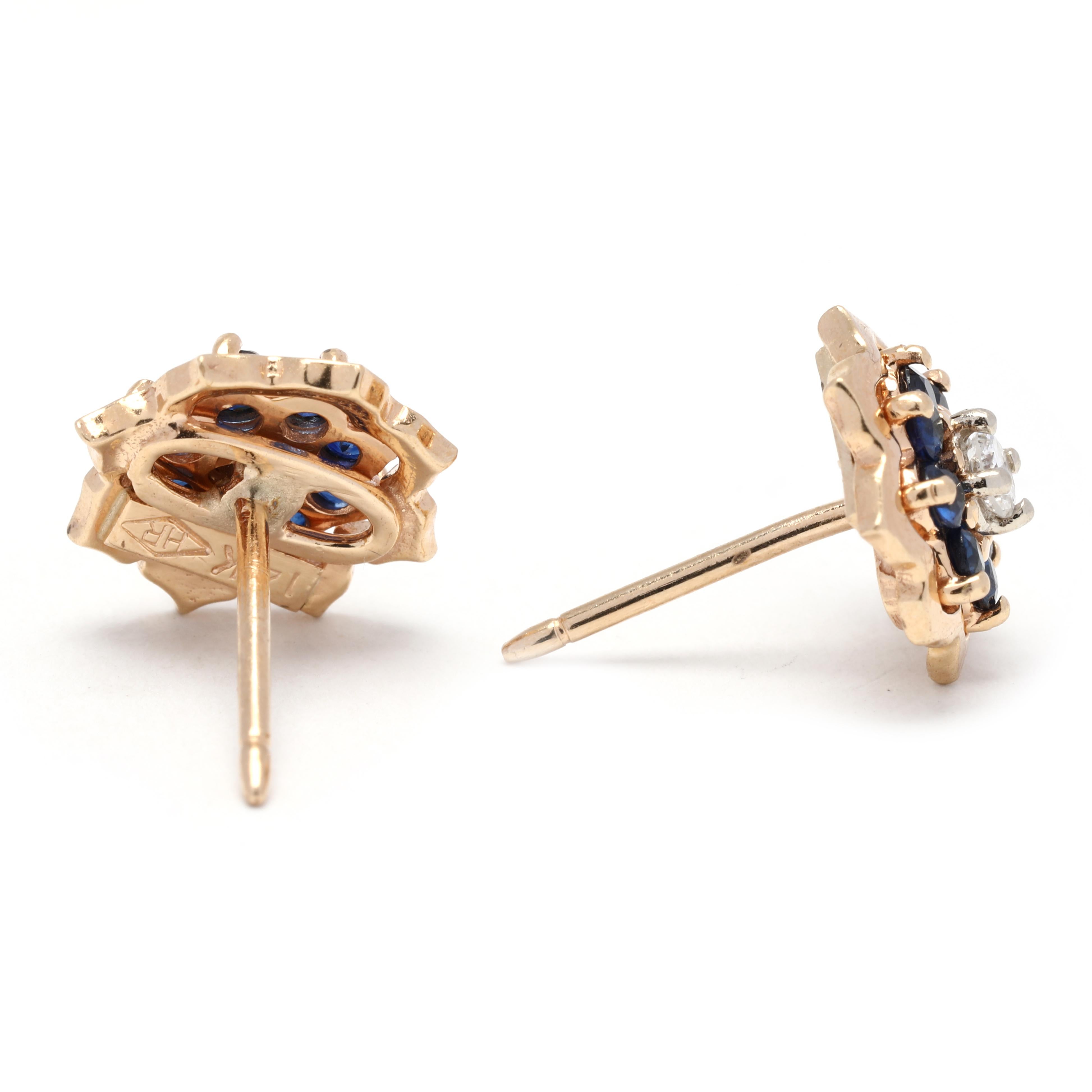 These stunning 0.62ctw diamond and sapphire flower stud earrings will add a touch of elegance to any outfit. Crafted in 14K yellow gold, these delicate earrings measure 3/8 inches in length and feature a sparkling diamond cluster center. Perfect for