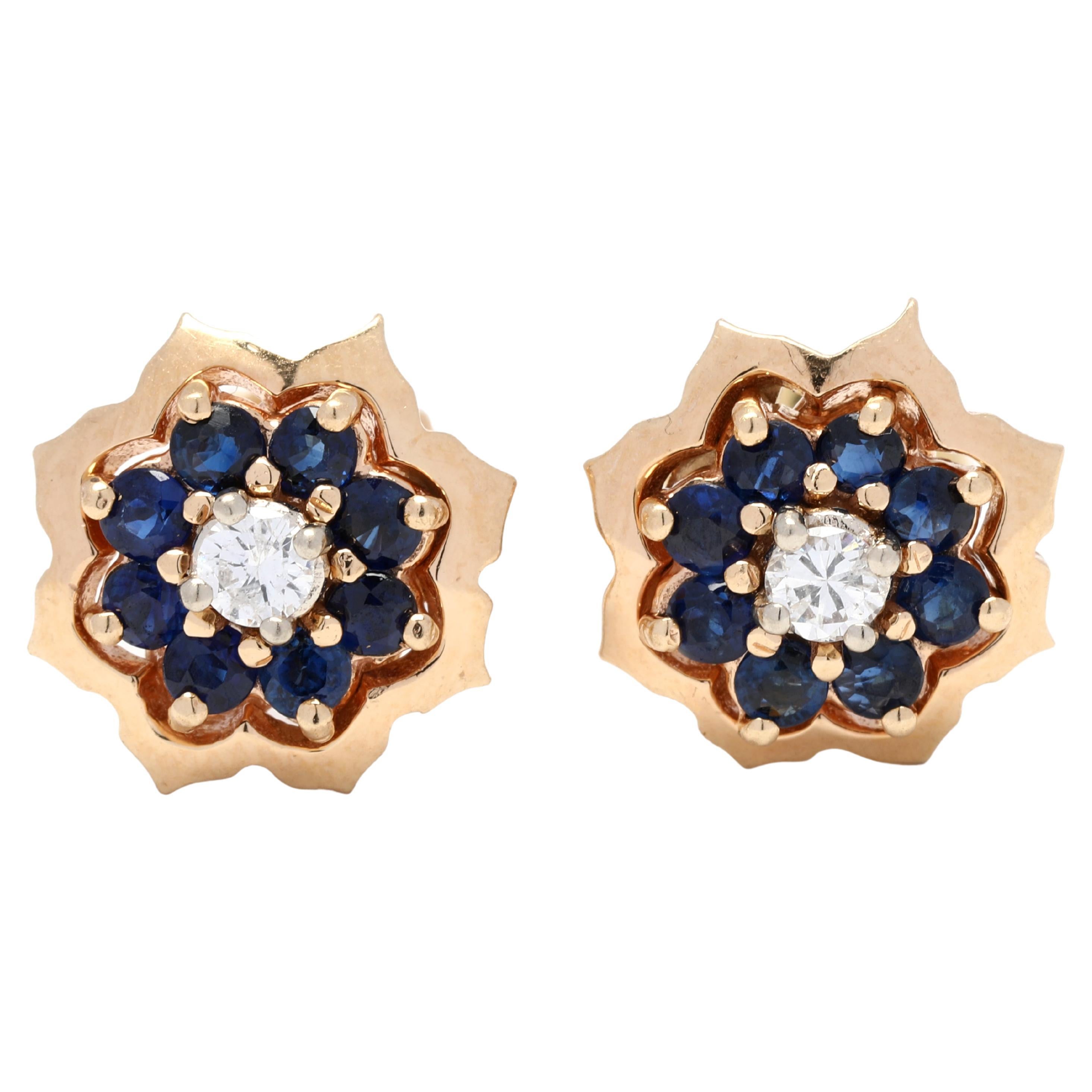 0.62ctw Diamond Sapphire Flower Stud Earrings, 14k Yellow Gold, Length 3/8 Inch