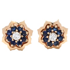 Vintage 0.62ctw Diamond Sapphire Flower Stud Earrings, 14k Yellow Gold, Length 3/8 Inch