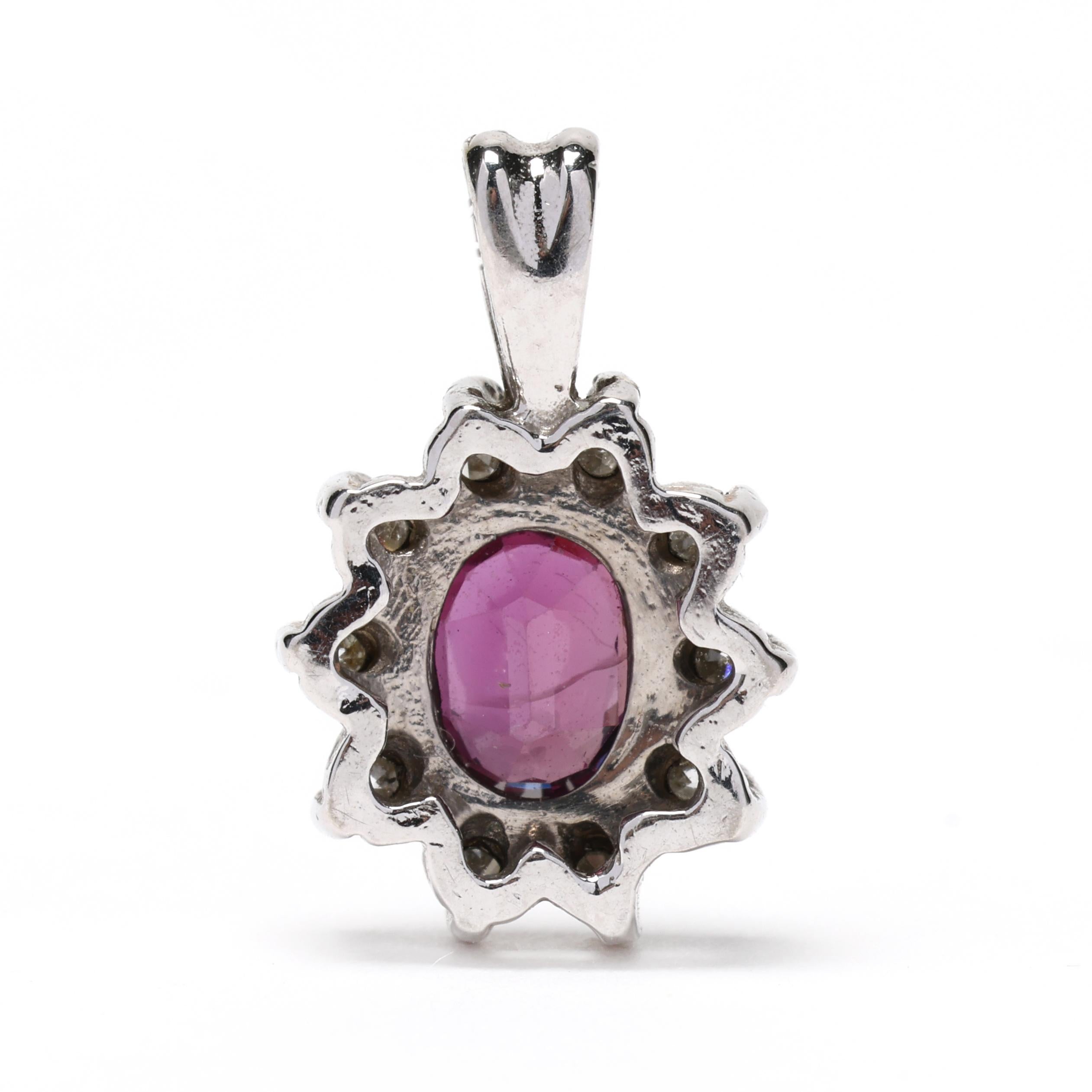 Introducing our captivating 0.62ctw Ruby and Diamond Pendant, a masterpiece of delicate design and timeless elegance. Set in the refined sheen of 14k white gold, this dainty flower charm pendant embodies the perfect blend of sophistication and