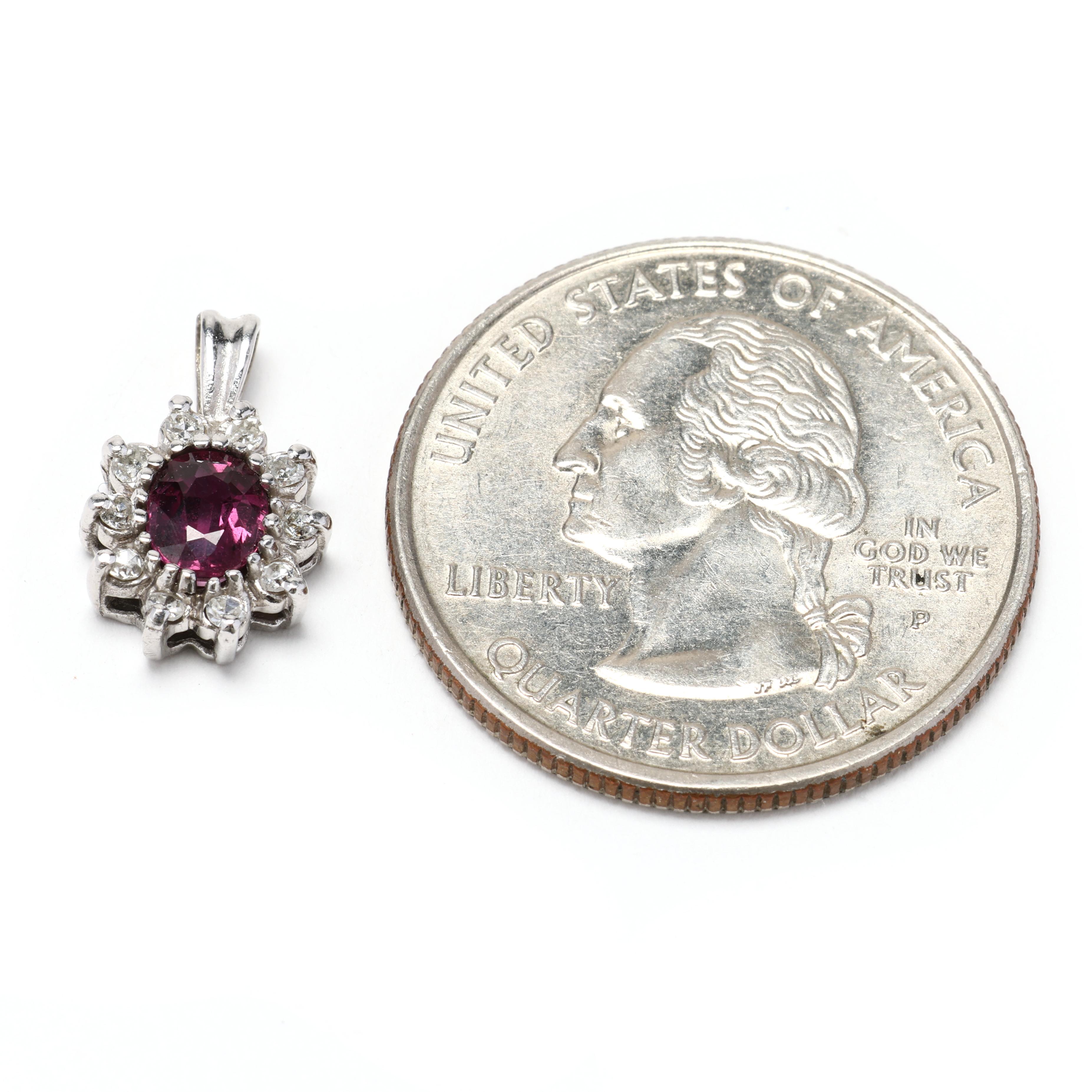 Oval Cut 0.62ctw Ruby and Diamond Pendant, 14k White Gold, Dainty Flower Charm For Sale