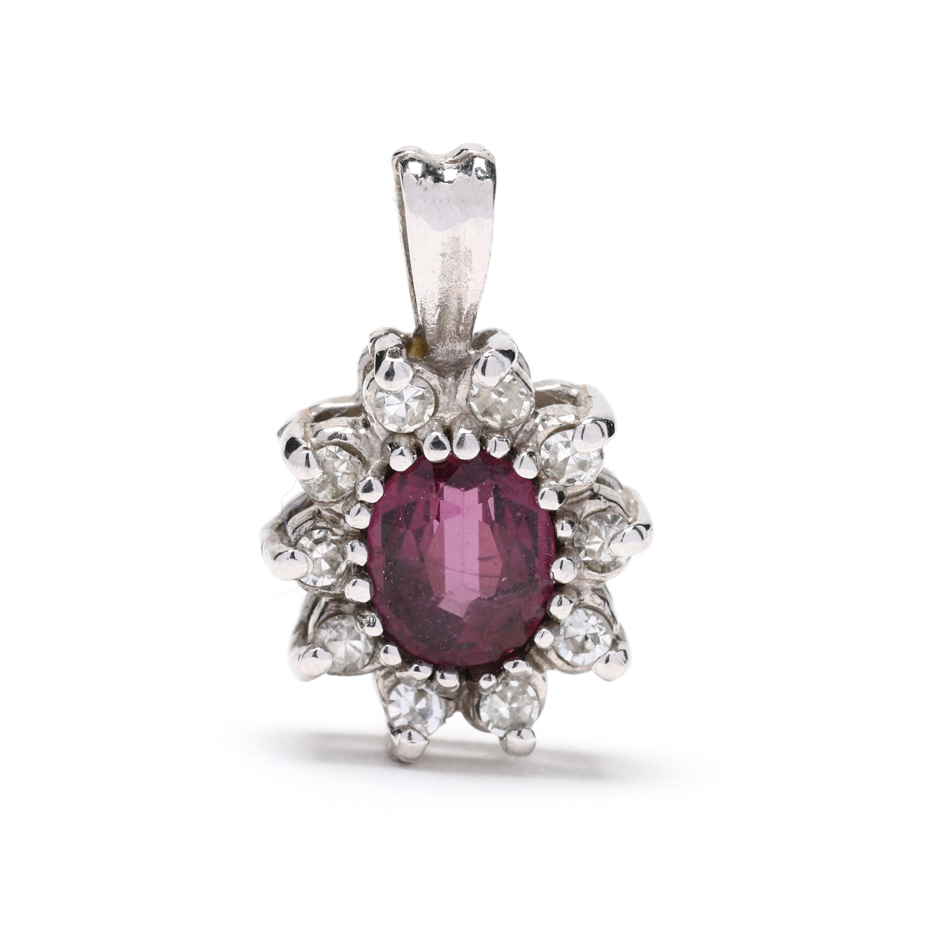 0.62ctw Ruby and Diamond Pendant, 14k White Gold, Dainty Flower Charm In Good Condition For Sale In McLeansville, NC
