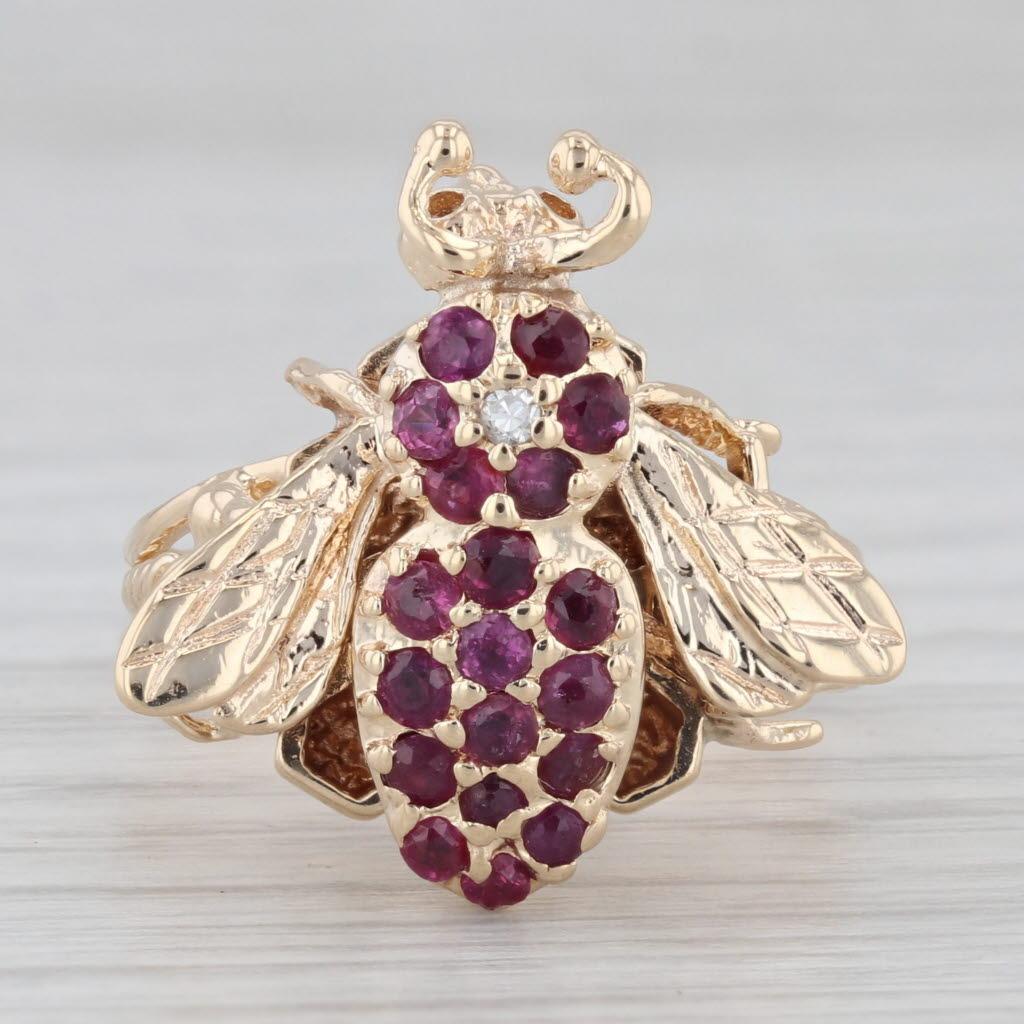 Round Cut 0.62ctw Ruby Bumble Bee Ring 14k Yellow Gold Size 7.25 Cocktail For Sale