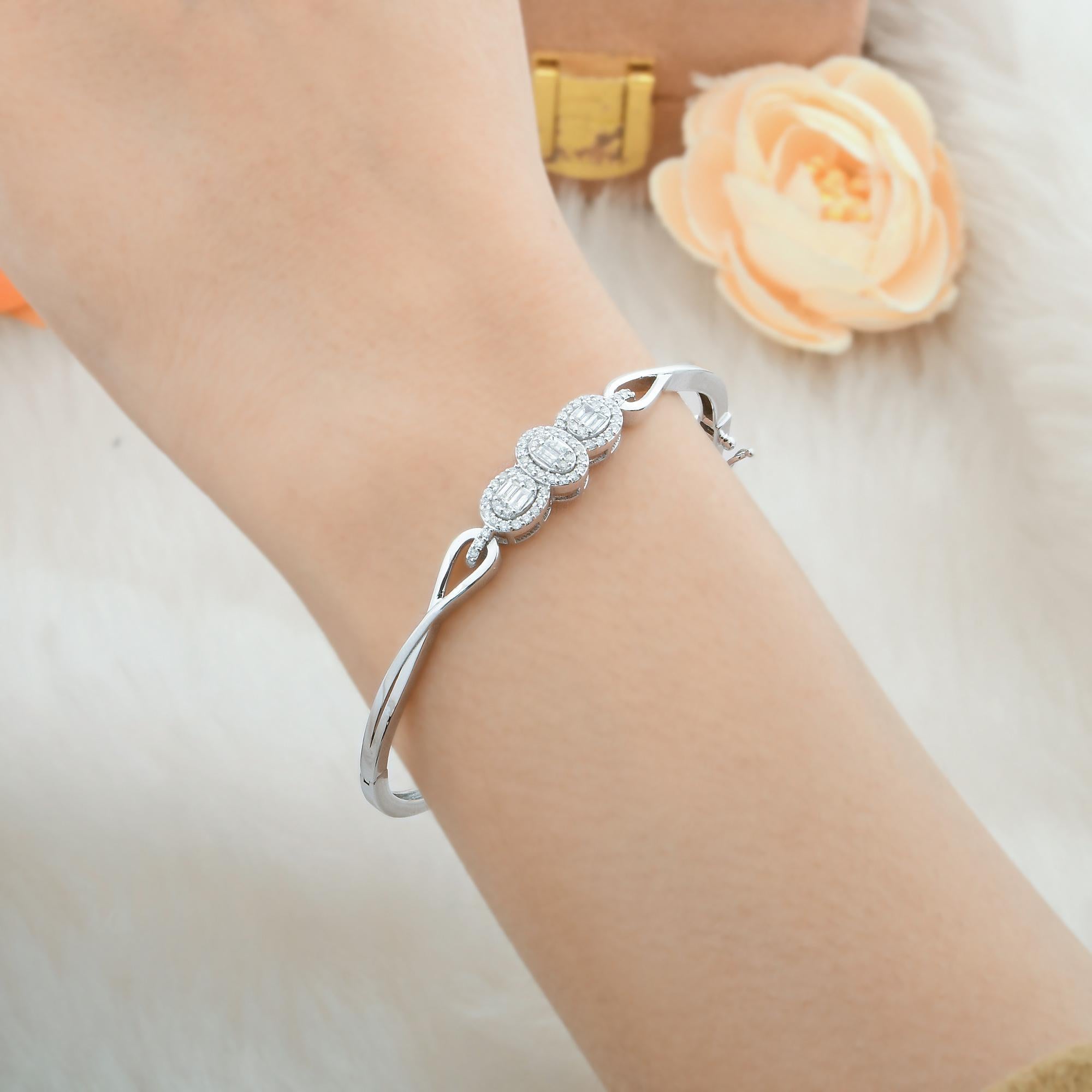Item Code :- SFB-6024
Gross Weight :- 9.82 gm
14k White Gold Weight :- 9.69 gm
Diamond Weight:- 0.63 ct  ( AVERAGE DIAMOND CLARITY SI1-SI2 & COLOR H-I )
Bangle Size :- 58 x 49 - 18 cm

Engagement Gift, Bridal Shower Gift, Women Gift, Gift for Mom,