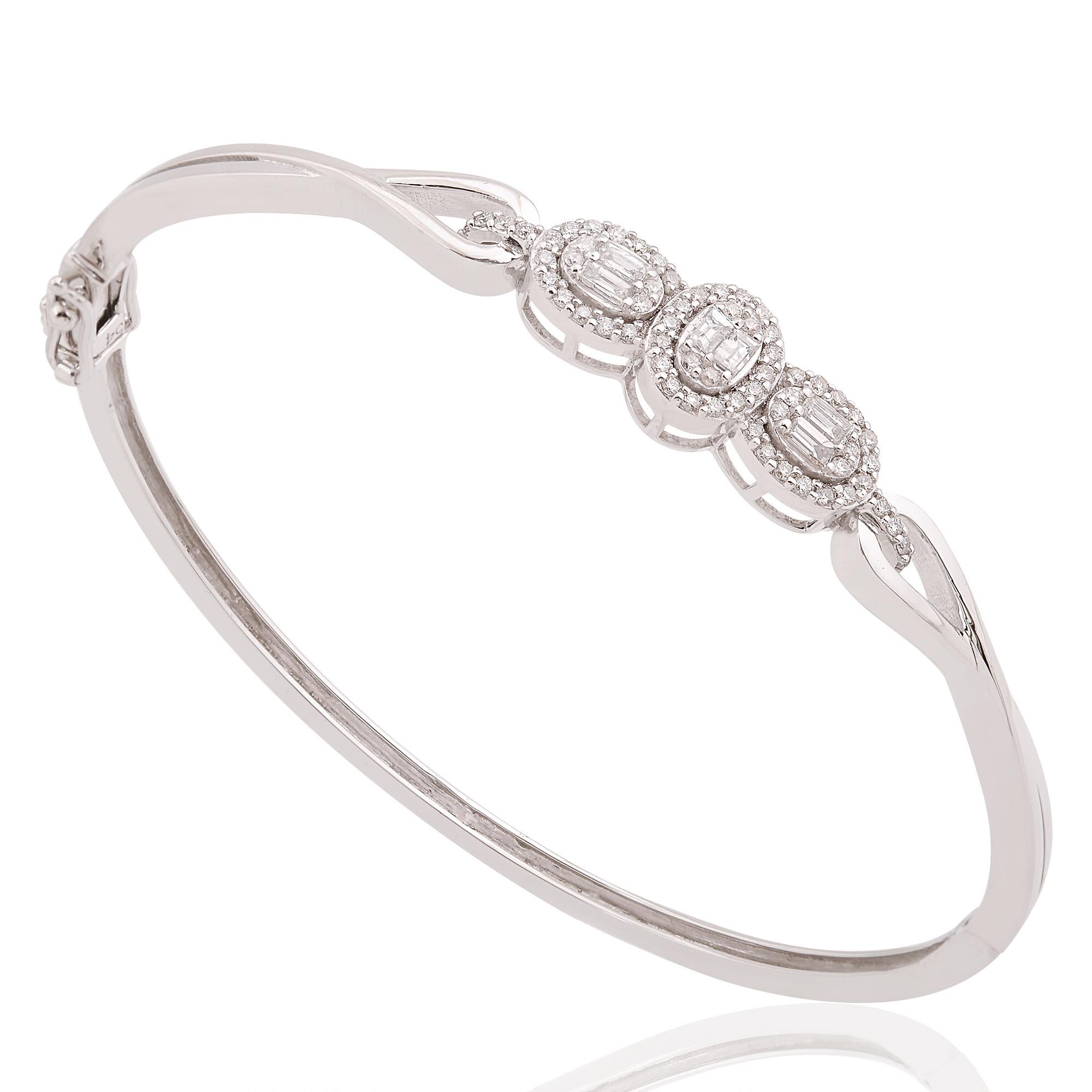 Women's 0.63 Carat Baguette Diamond Bangle Bracelet 14k White Gold Handmade Fine Jewelry For Sale