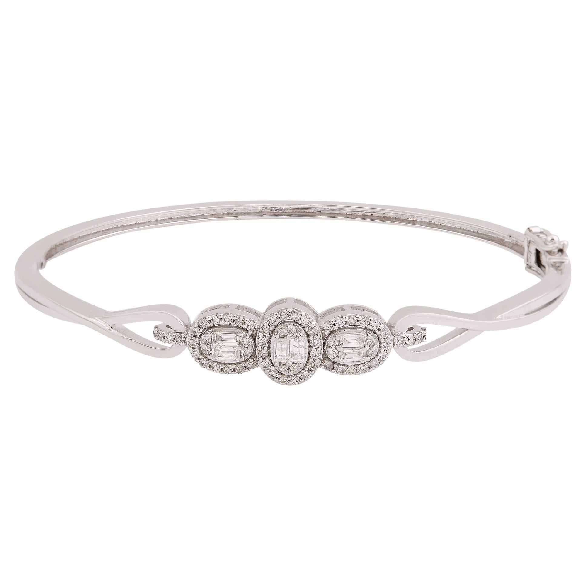 Bracelet jonc en or blanc 14 carats avec diamants baguettes de 0,63 carat, fabrication artisanale