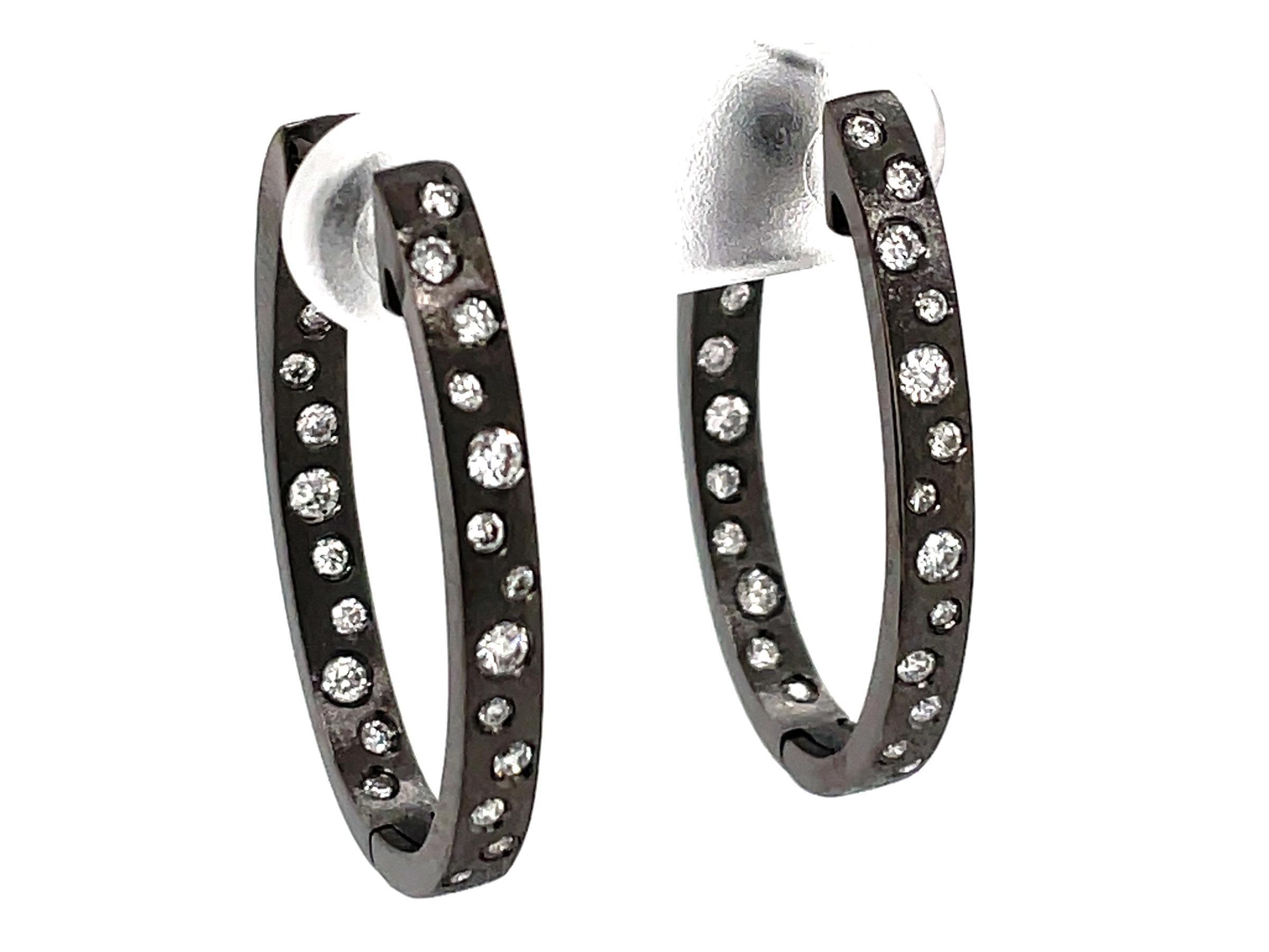 0.63 Carat Diamond Flush Set Oval Hoop Black Gold Earrings In New Condition For Sale In Great Neck, NY