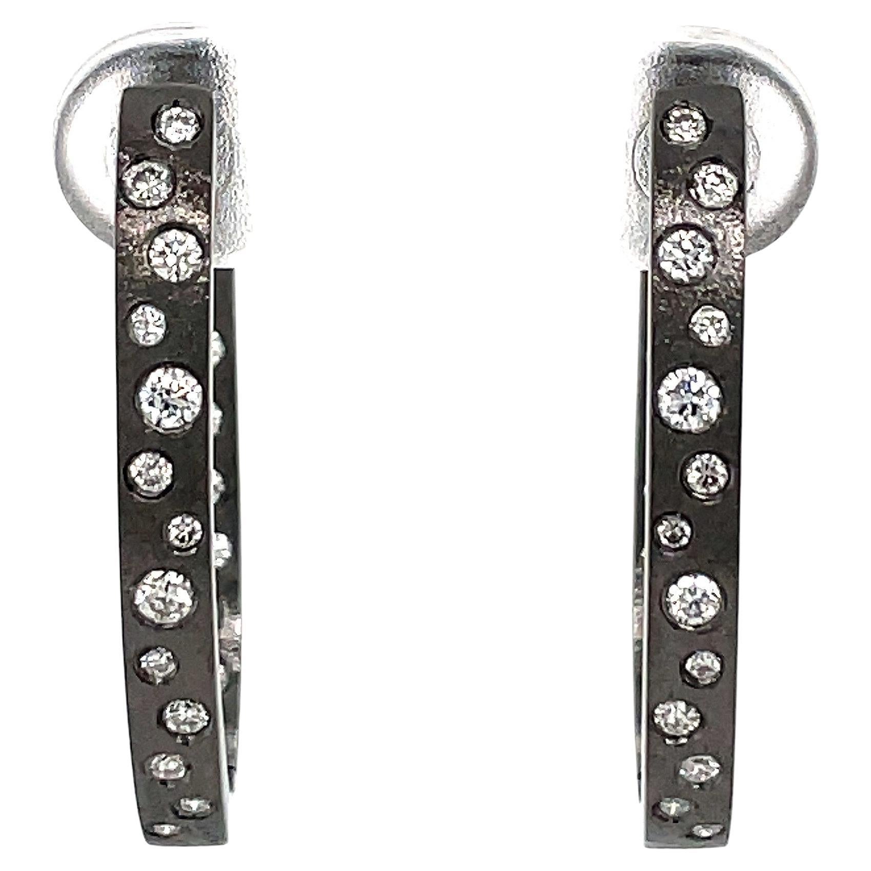 0.63 Carat Diamond Flush Set Oval Hoop Black Gold Earrings
