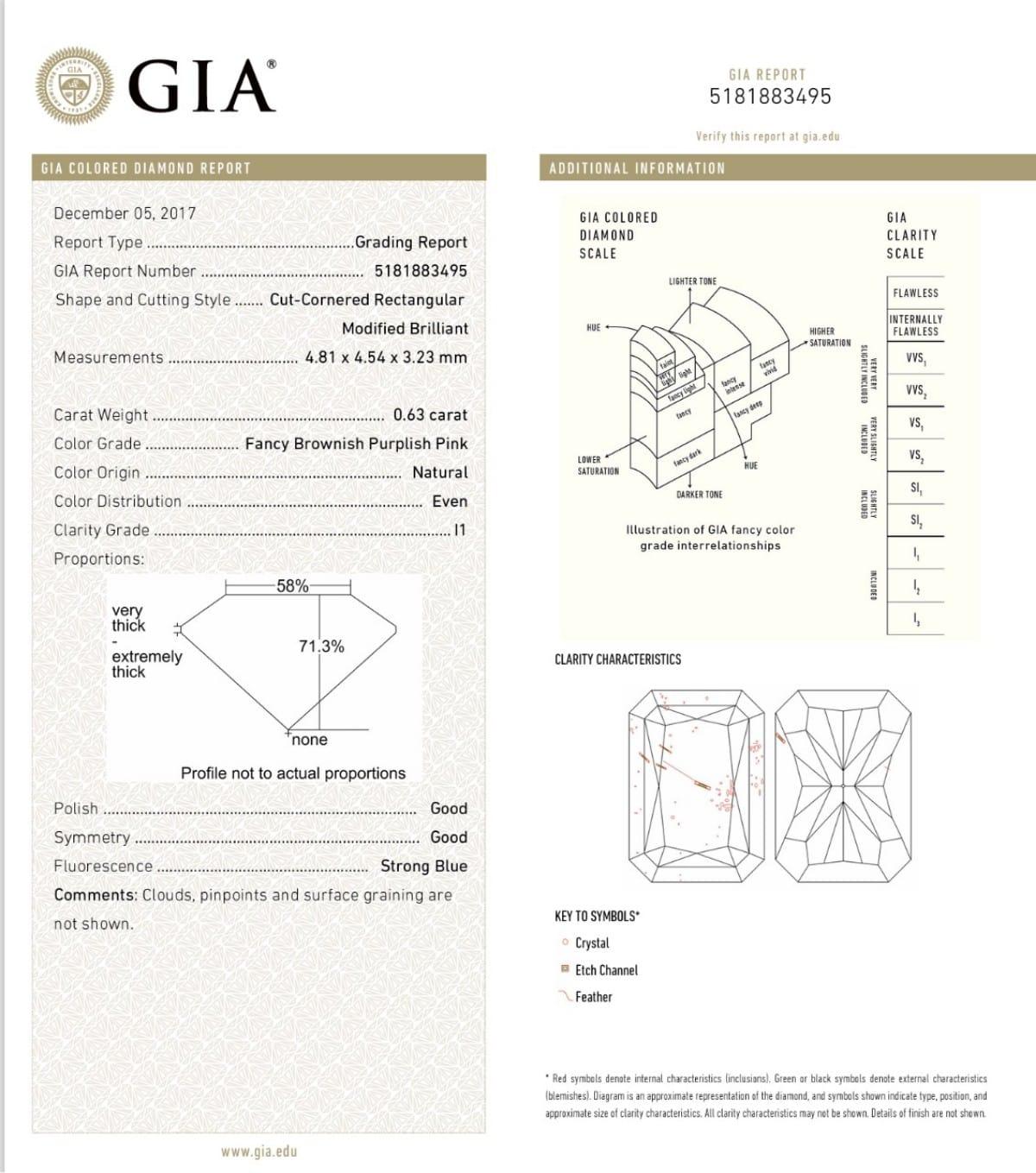0.63 Carat Fancy Brownish Purplish Pink Radiant Diamond I1 Clarity GIA Certified For Sale 5