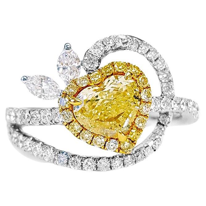 0.63 Carat Green-Yellow Heart Diamond Engagement Cocktail Ring, GIA Certificate