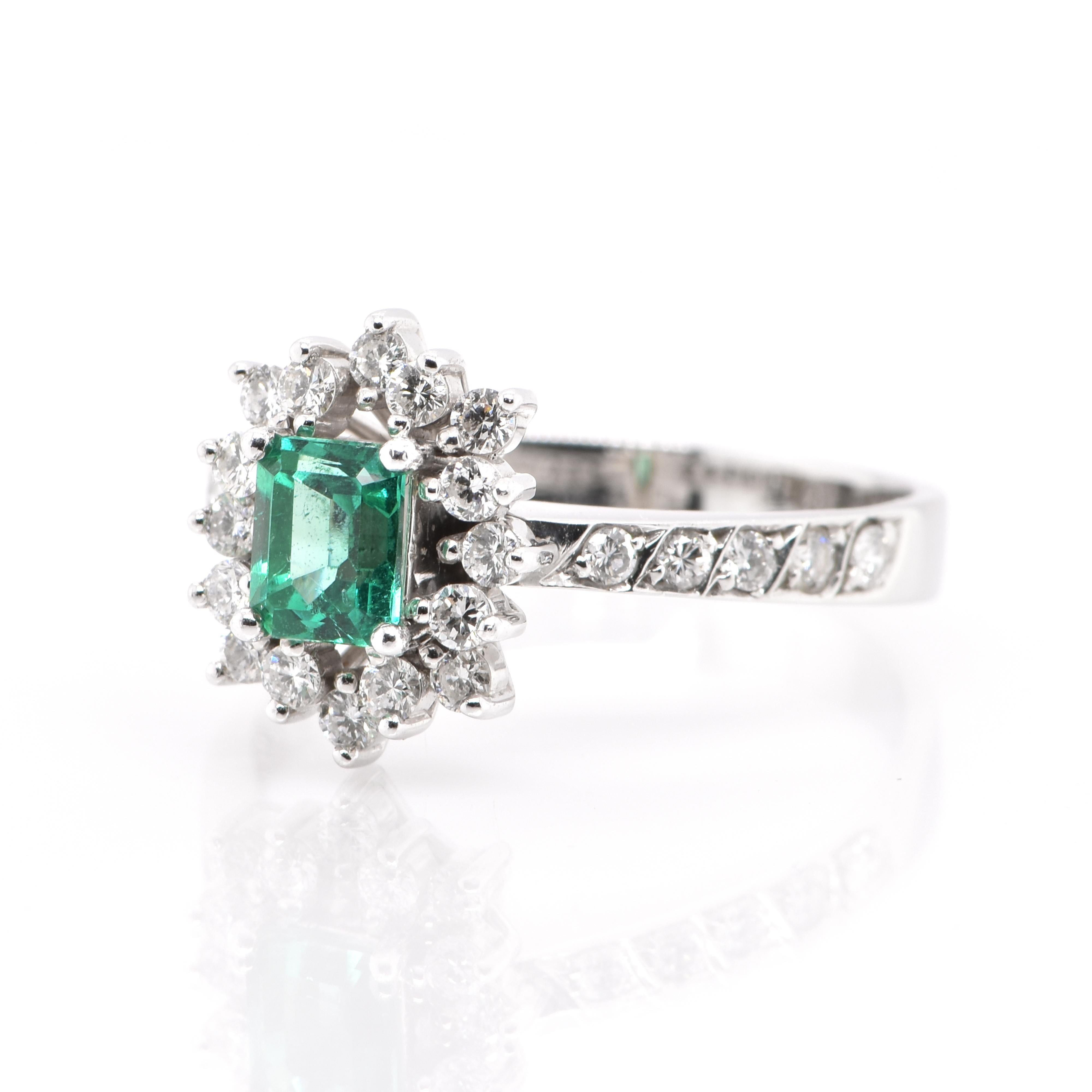A stunning Ring featuring a 0.63 Carat, Natural, Colombian Emerald and 0.44 Carats of Diamond Accents set in Platinum. People have admired emerald’s green for thousands of years. Emeralds have always been associated with the lushest landscapes and