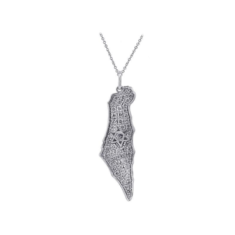 
0.33 Carat Natural Diamond Israel Map Necklace 14K White Gold G SI 18 inches chain

    100% Natural Diamonds, Not Enhanced in any way 
    0.63CT
    G-H 
    SI  
    14K White Gold,    Pave style,  3.03 gram
    37MM HEIGHT 10MM WIDTH
       
