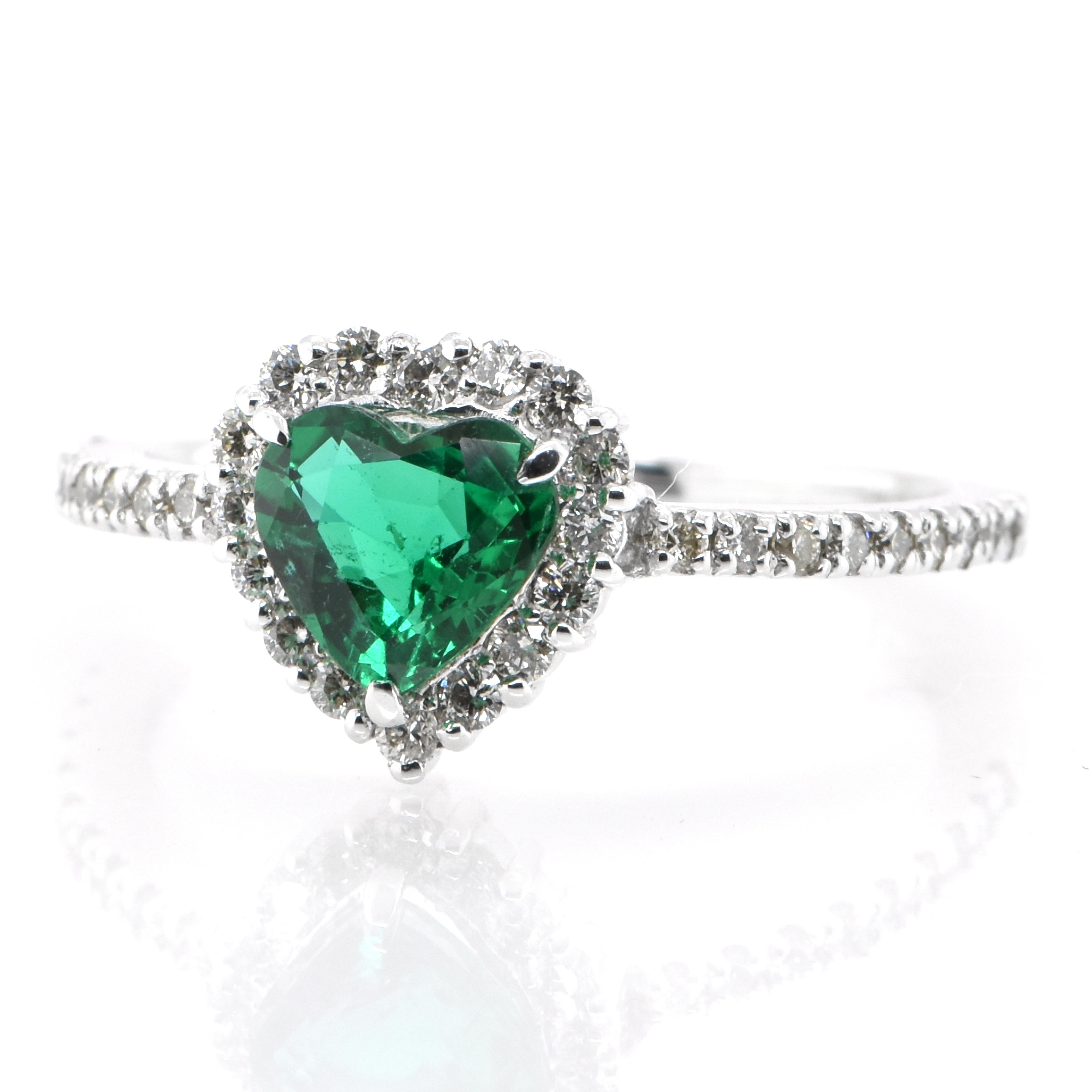 Modern  0.63 Carat Natural, Heart-Cut, Zambian Emerald & Diamond Ring Set in Platinum For Sale