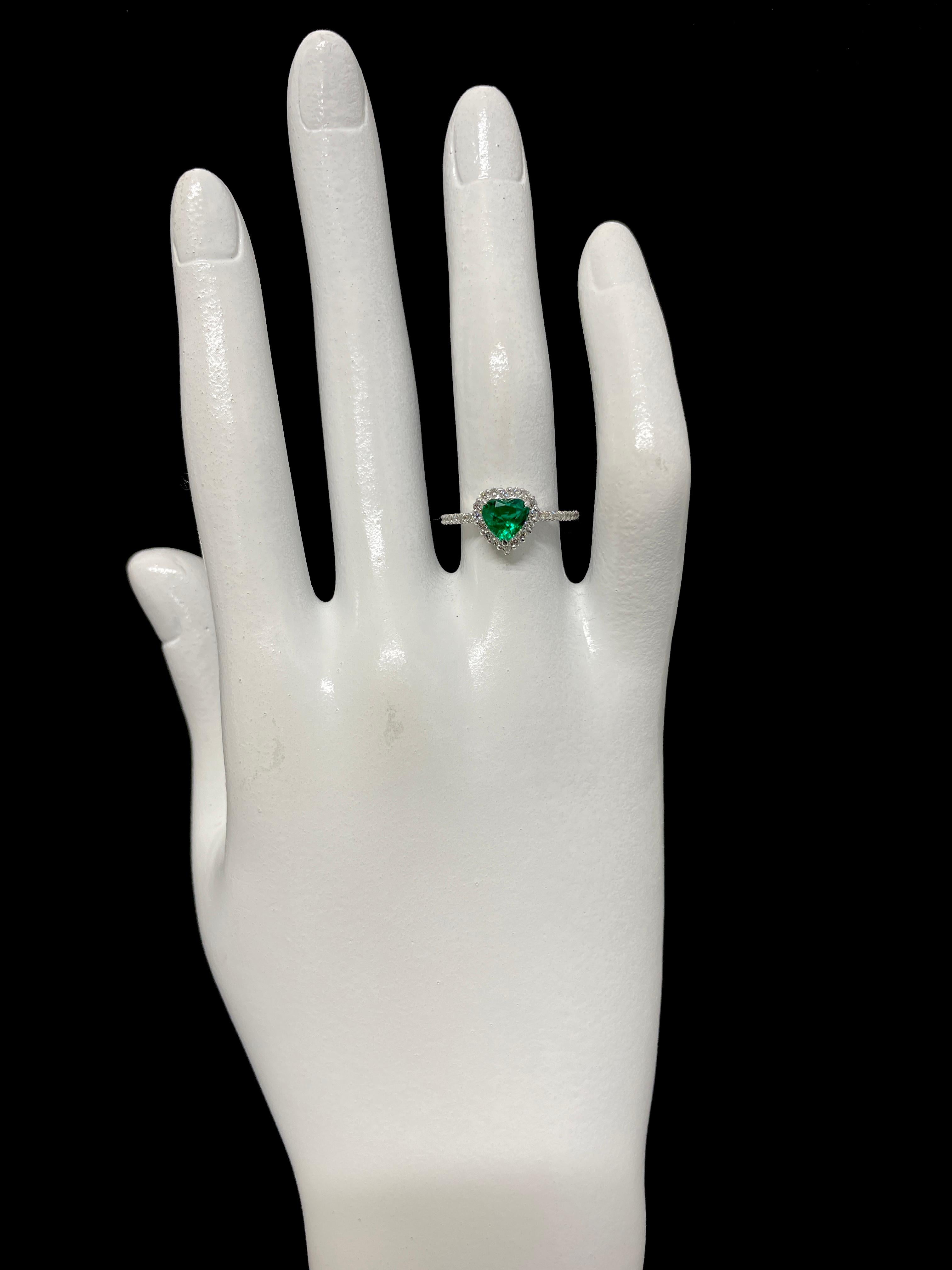  0.63 Carat Natural, Heart-Cut, Zambian Emerald & Diamond Ring Set in Platinum For Sale 1