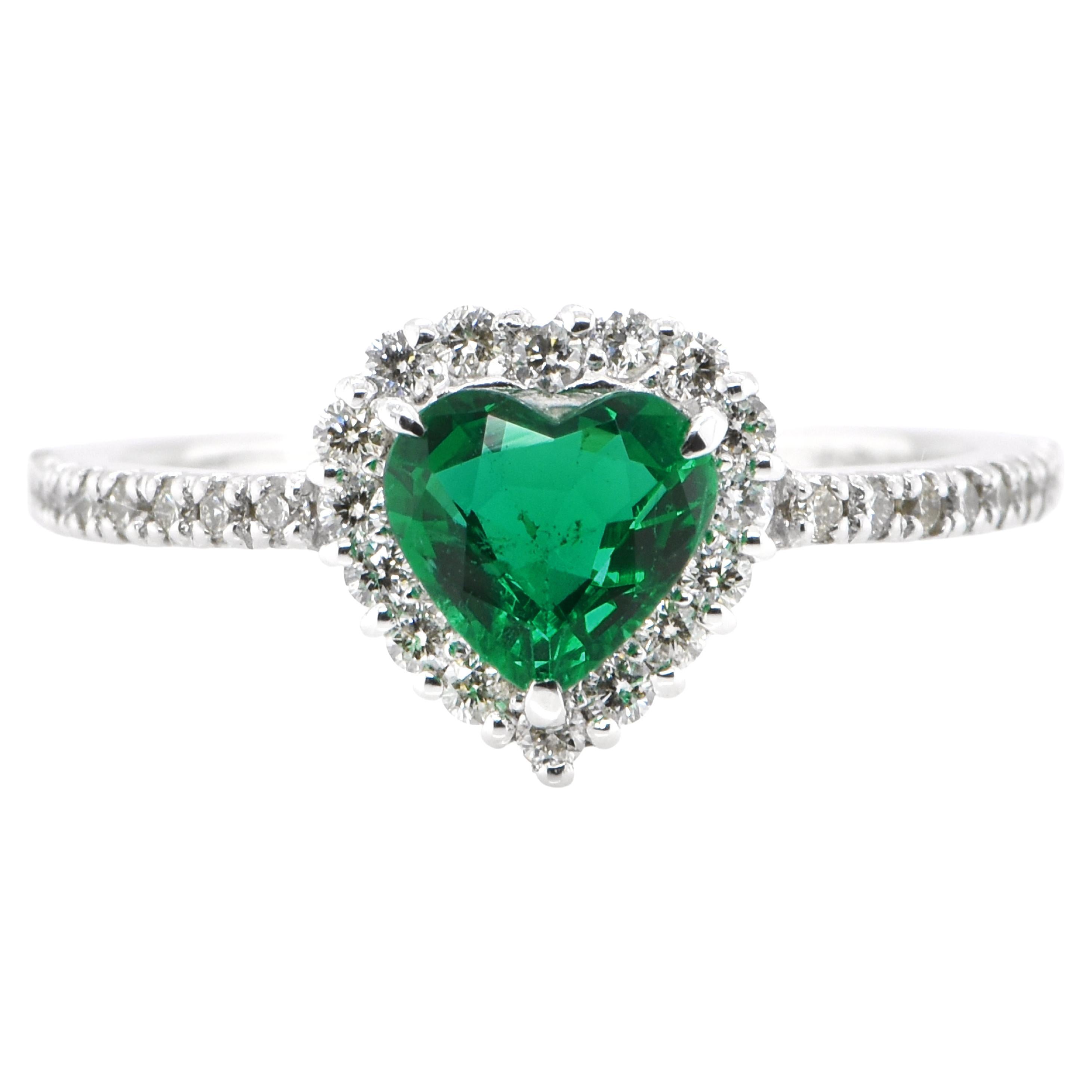  0.63 Carat Natural, Heart-Cut, Zambian Emerald & Diamond Ring Set in Platinum For Sale