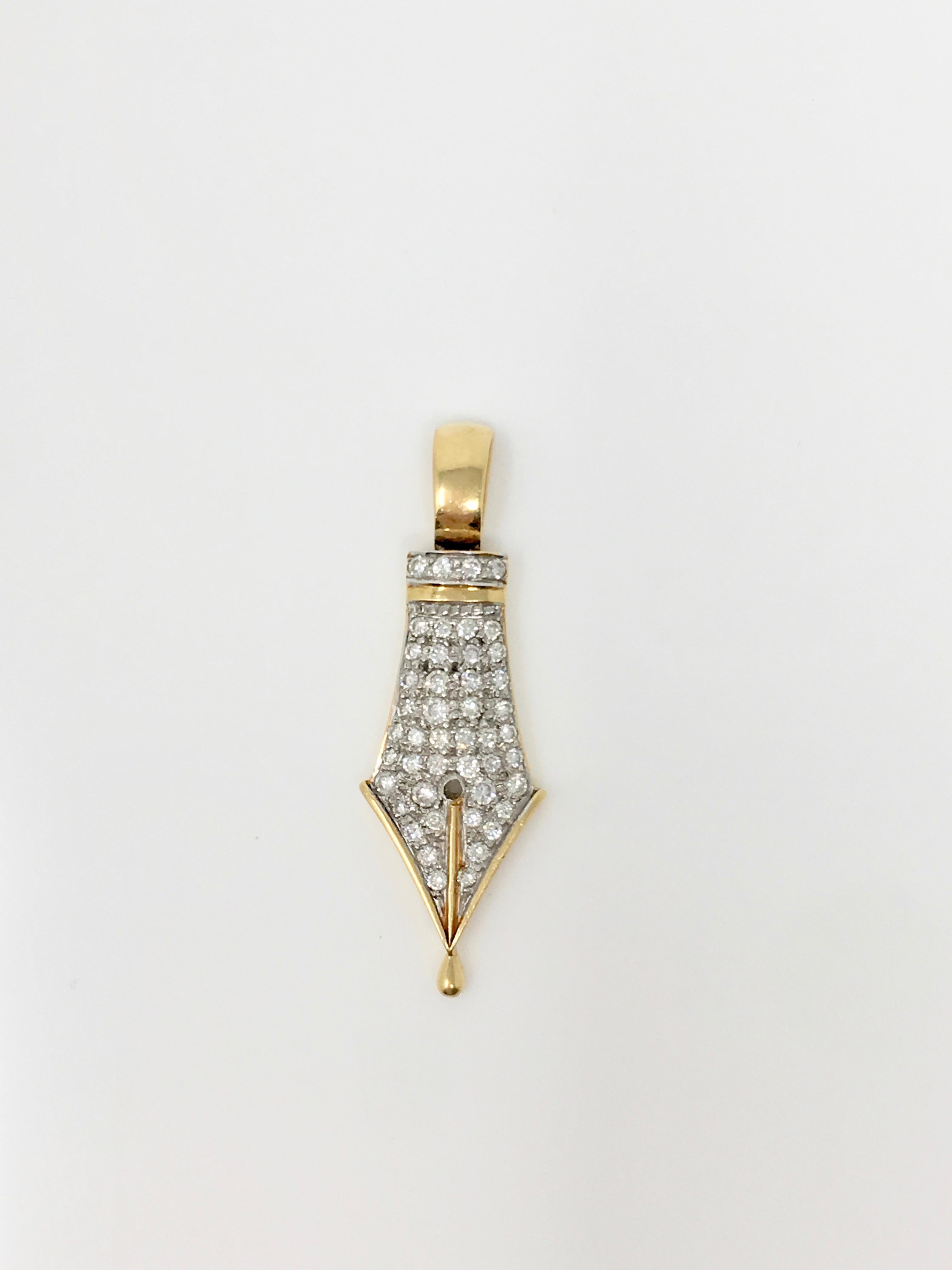This beautiful and unique creation by Moguldiam Inc is hand made in 18k yellow gold. This one of a kind NIB design pendant features white round brilliant diamond weighing 0.63 carat with VS clarity and GH color. This creative piece of art and