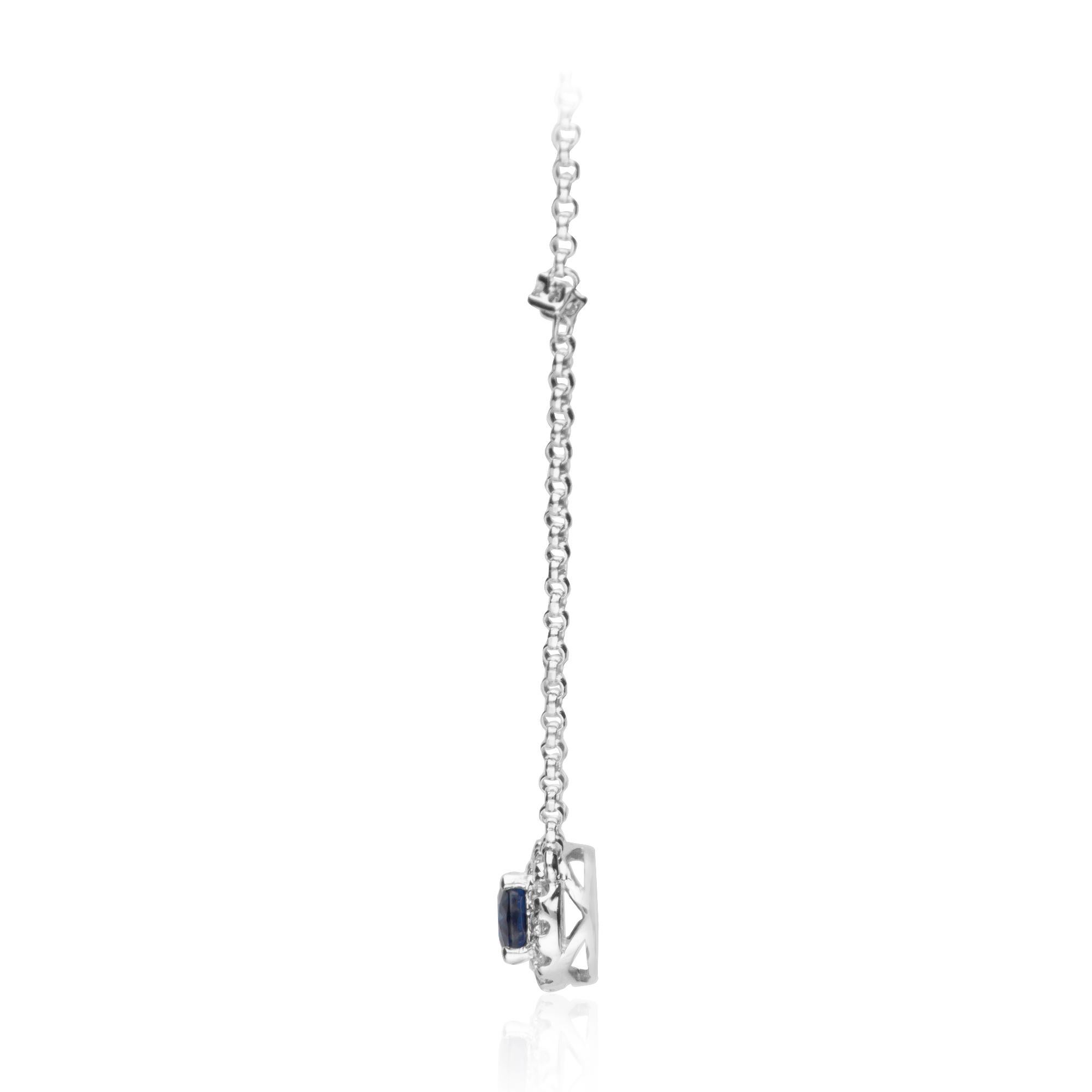 Art Deco 0.63 Carat Oval Cut Blue Sapphire Diamond Accents 14K White Gold Pendant For Sale