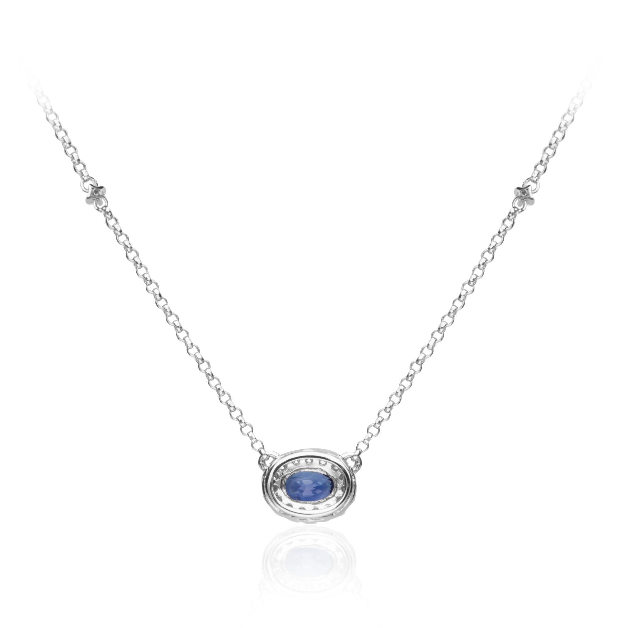 0.63 Carat Oval Cut Blue Sapphire Diamond Accents 14K White Gold Pendant In New Condition For Sale In New York, NY