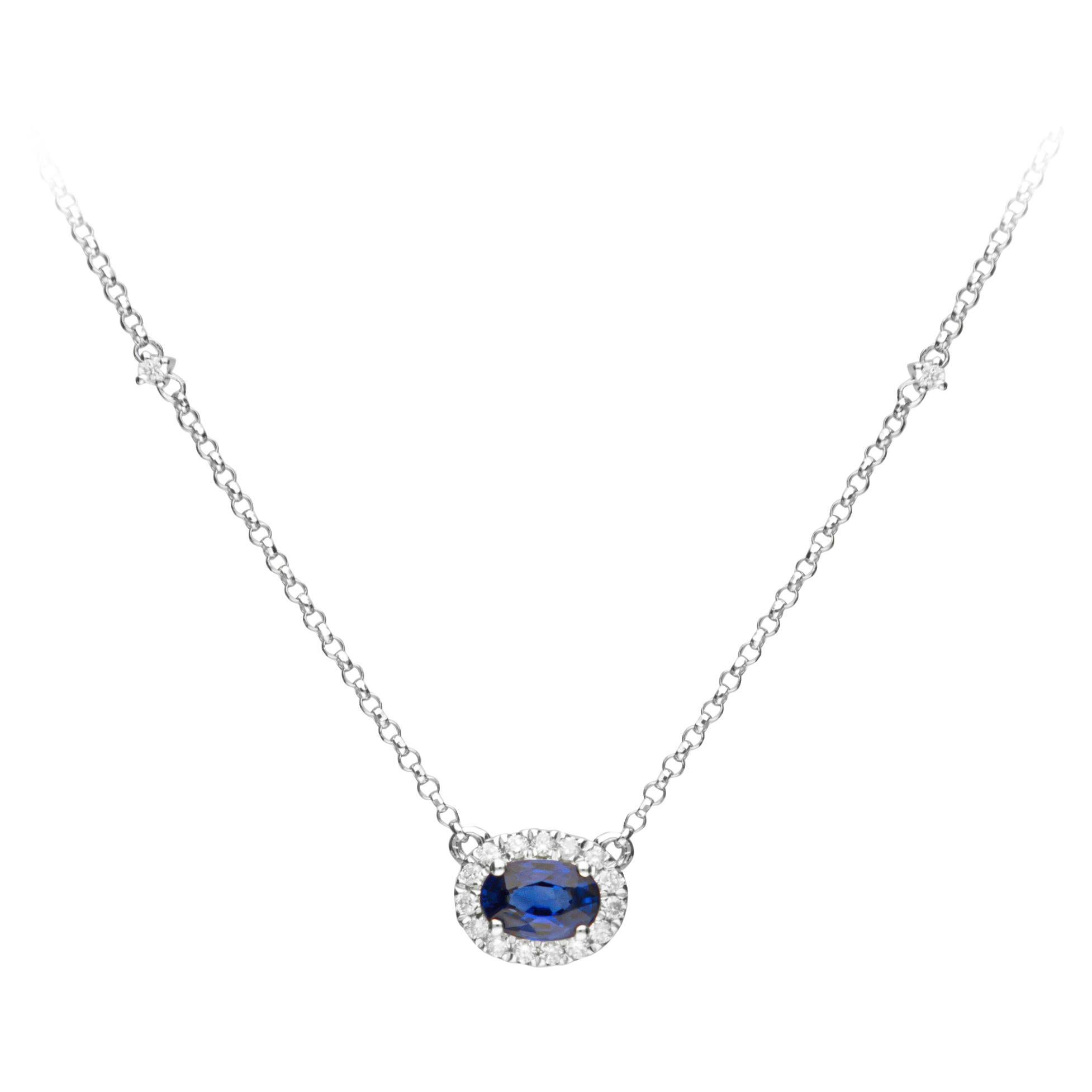 0.63 Carat Oval Cut Blue Sapphire Diamond Accents 14K White Gold Pendant For Sale