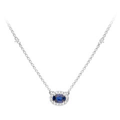 0.63 Carat Oval Cut Blue Sapphire Diamond Accents 14K White Gold Pendant
