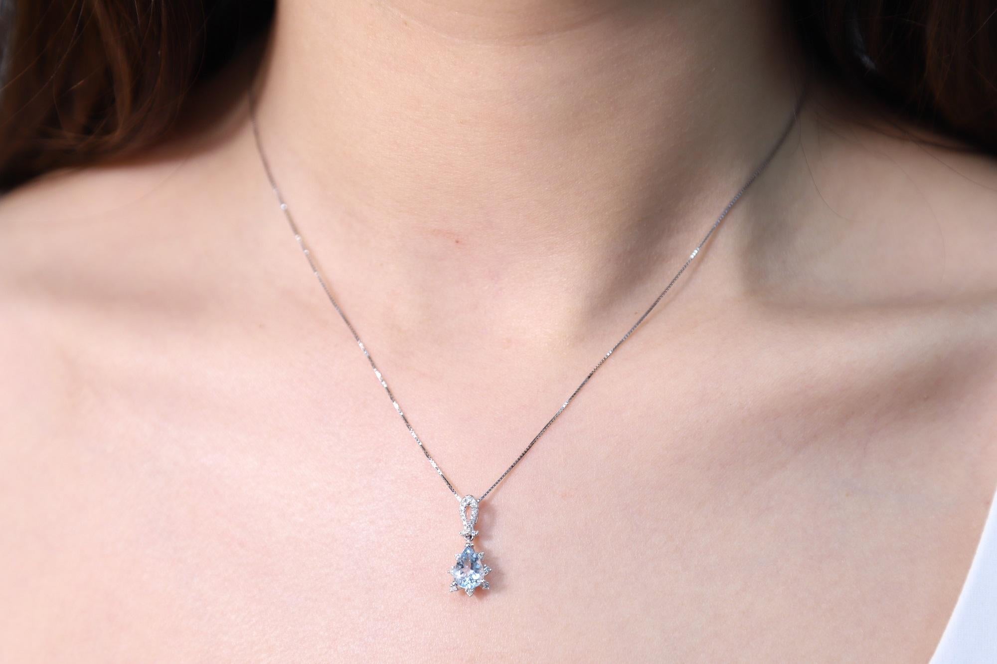 Art Deco 0.63 Carat Pear Cut Aquamarine and Round Diamond 14K White Gold Pendant