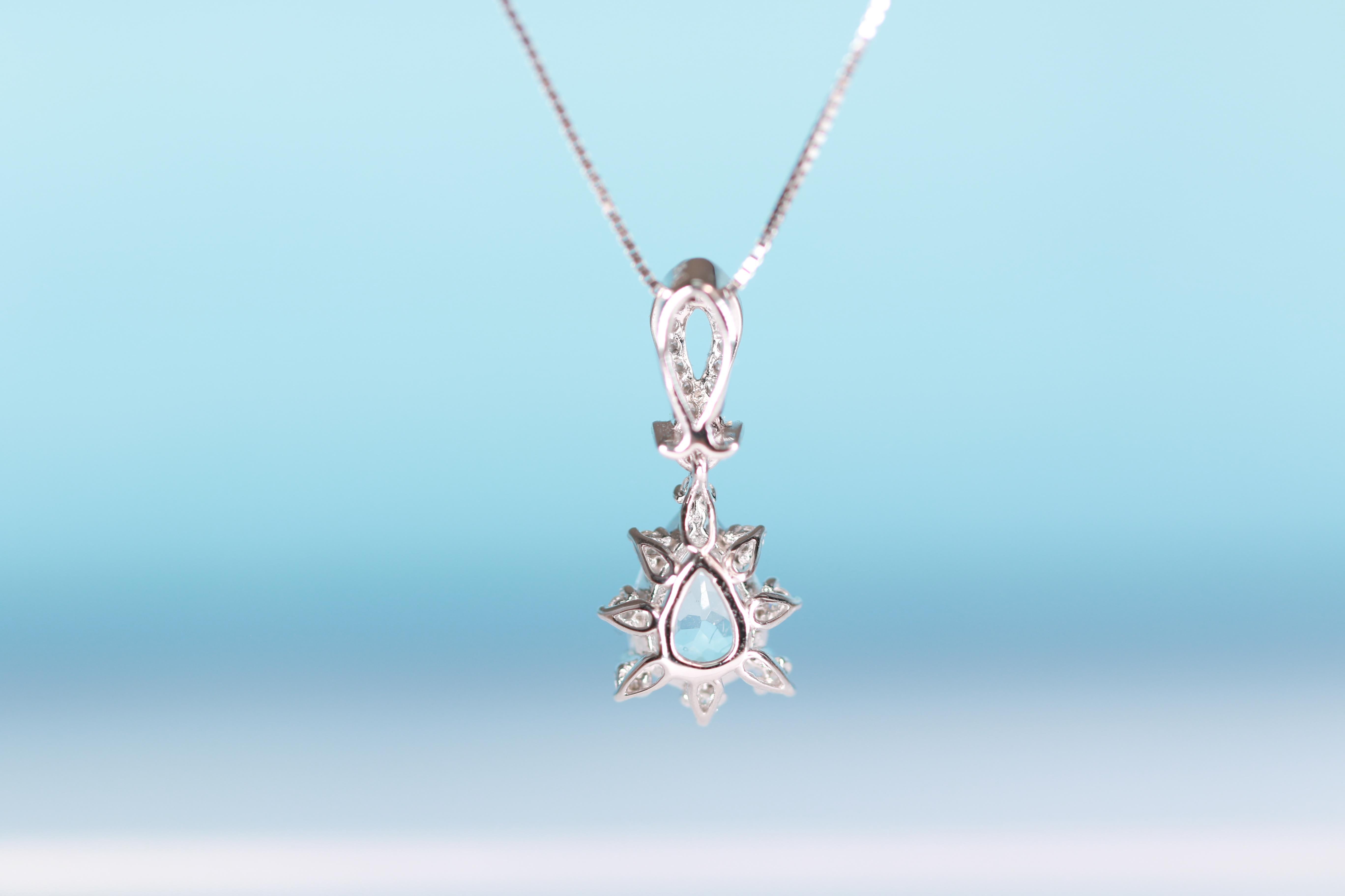 Oval Cut 0.63 Carat Pear Cut Aquamarine and Round Diamond 14K White Gold Pendant