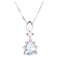 0.63 Carat Pear Cut Aquamarine and Round Diamond 14K White Gold Pendant