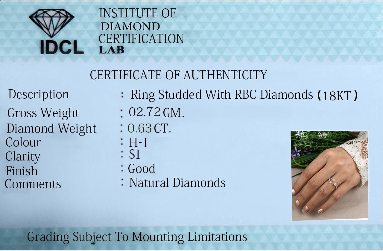 For Sale:  0.63 Carat SI Clarity HI Color Round Diamond Fine Cuff Ring 18 Karat White Gold 6
