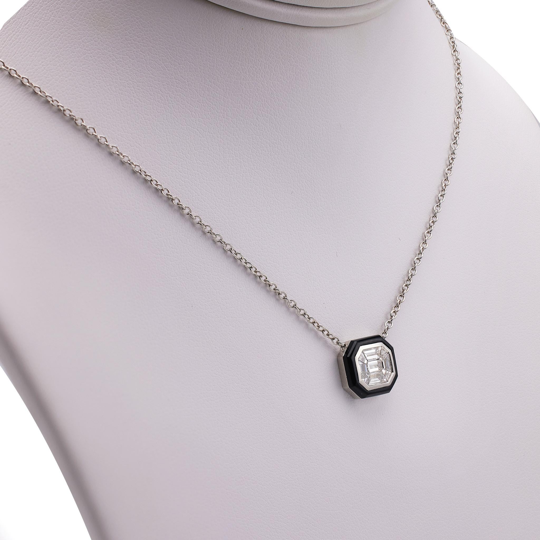 Women's or Men's 0.63 Carat Total Weight Diamond Onyx 18k White Gold Pendant Necklace For Sale