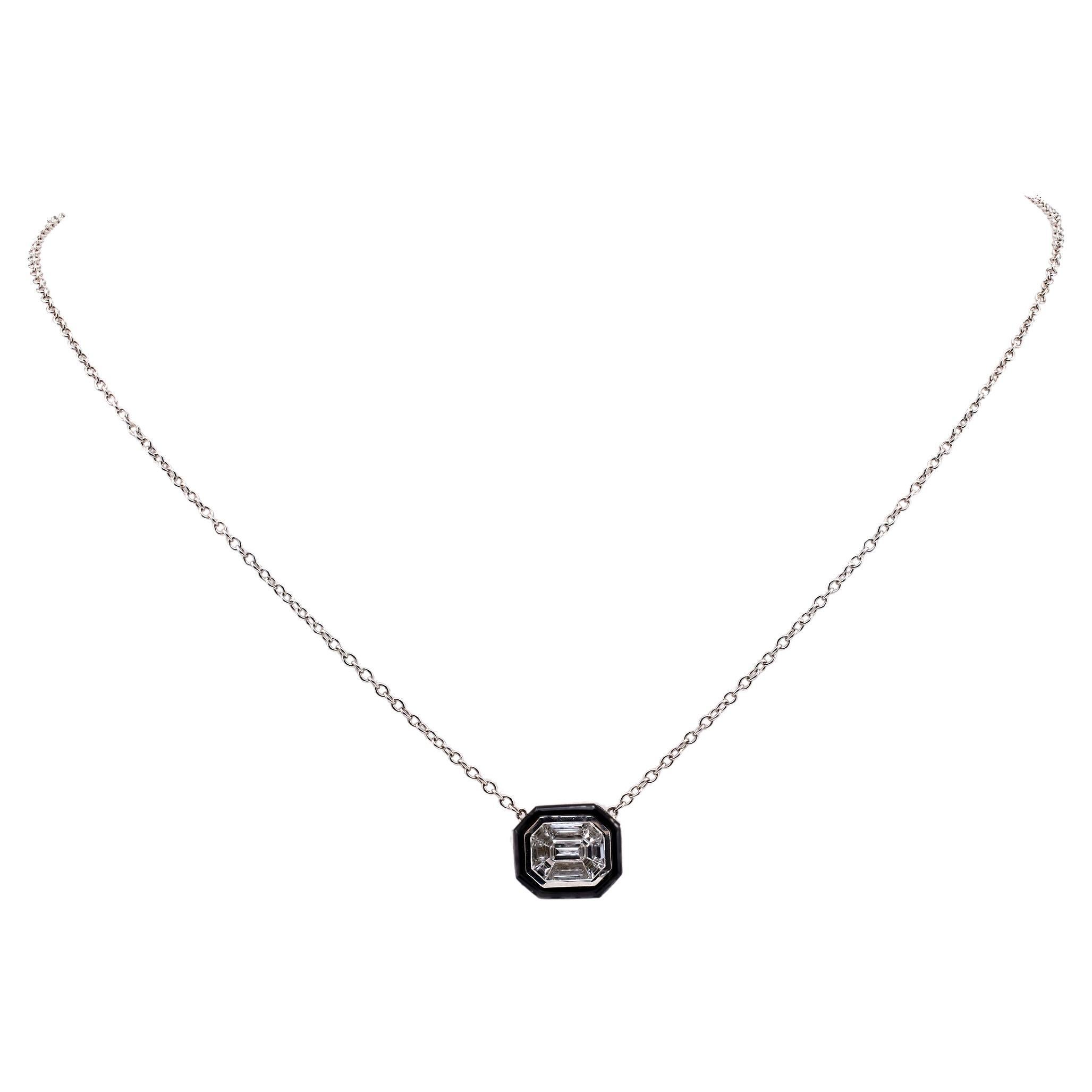 0.63 Carat Total Weight Diamond Onyx 18k White Gold Pendant Necklace For Sale