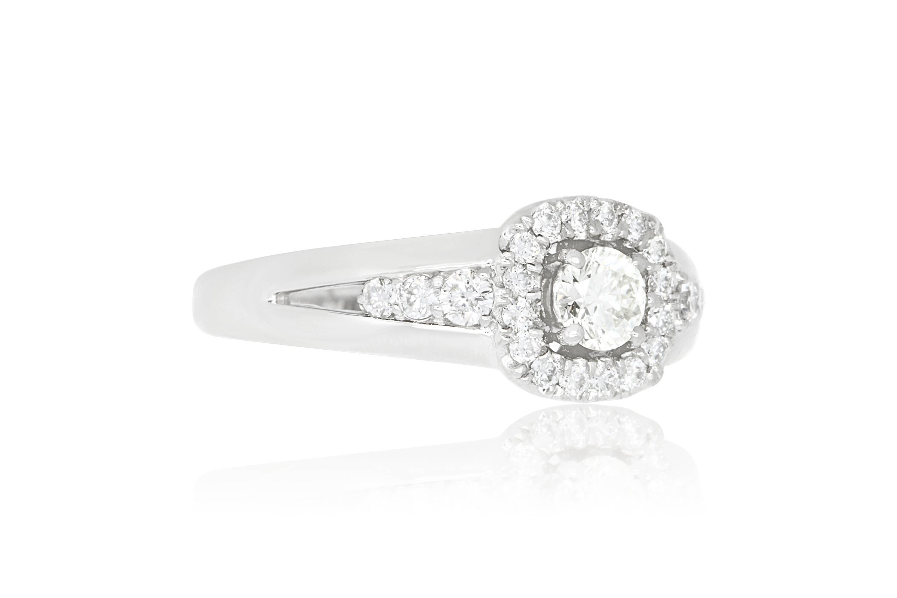 Material: 14k White Gold 
Center Stone Details: 0.30 Carat White Diamond - Clarity: VS  / Color: J
Stone Details: 20 White Diamonds at 0.33 Carats -  Clarity: SI  / Color: H-I
Ring Size: Size 7. Alberto offers complimentary sizing on all