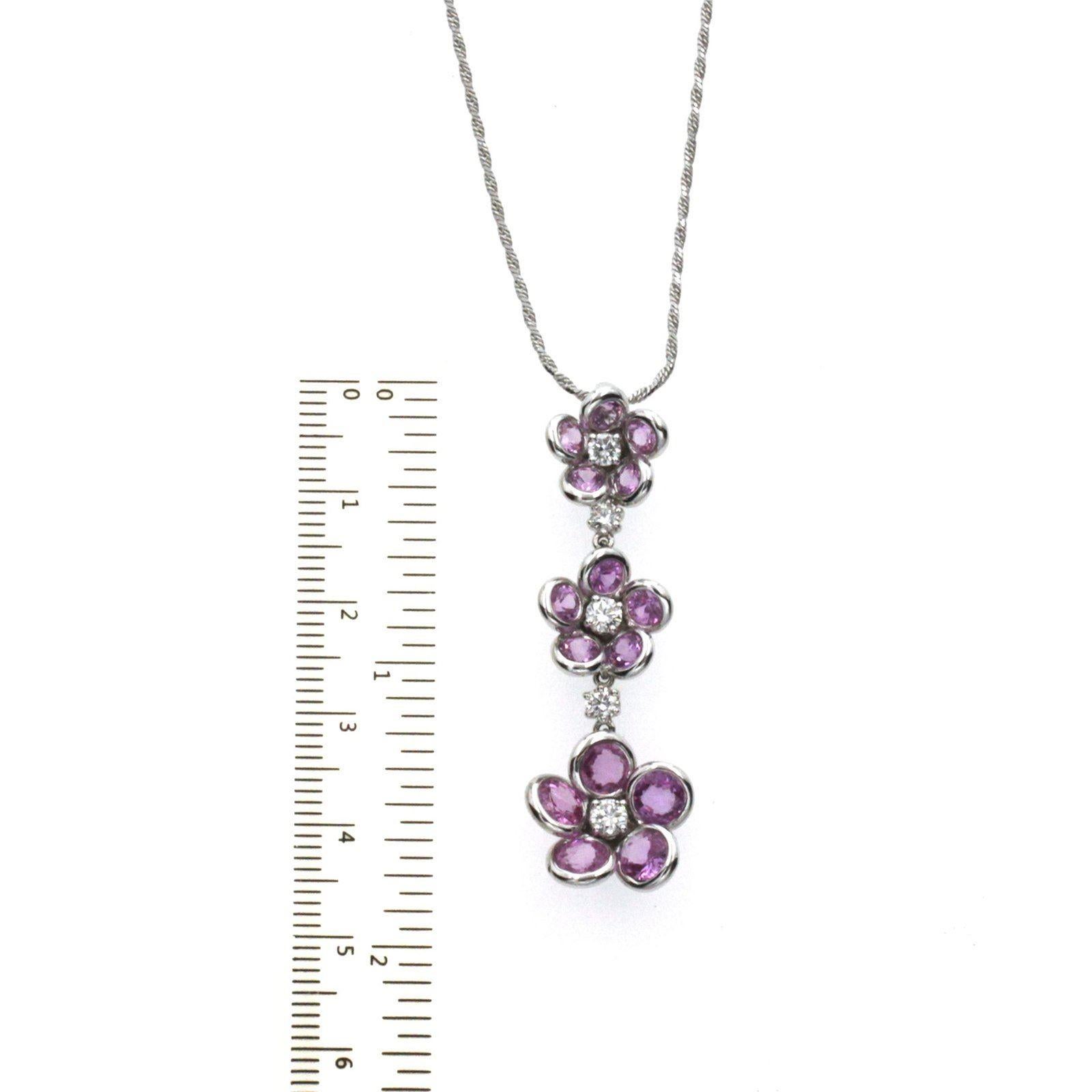 0.63 Carat Diamonds 5.68 Carat Pink Sapphire 14 Karat White Gold Flower Necklace In New Condition For Sale In Los Angeles, CA